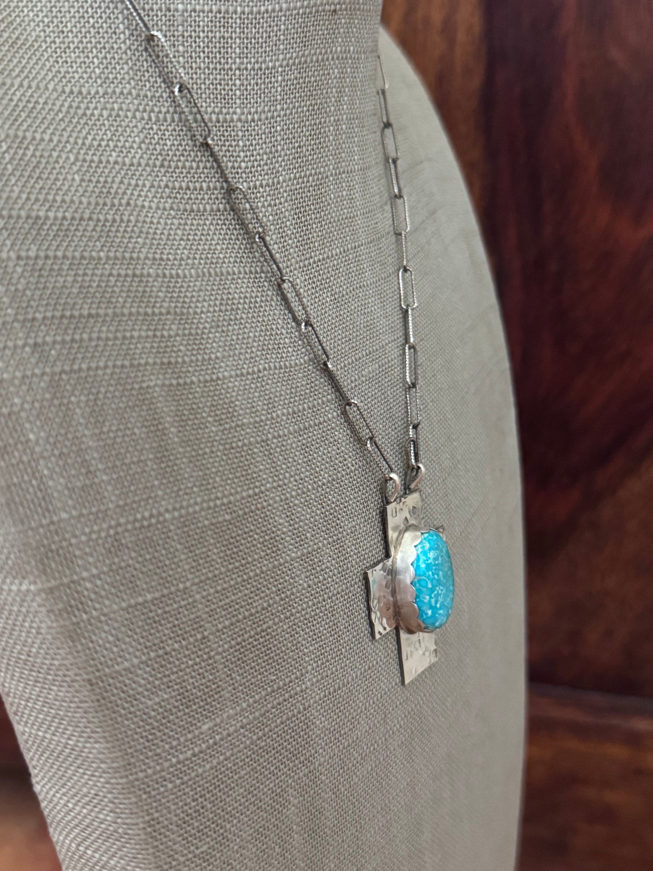 Handmade Sterling Silver White Water Turquoise Cross 18" Necklace by Roaming Buffalo