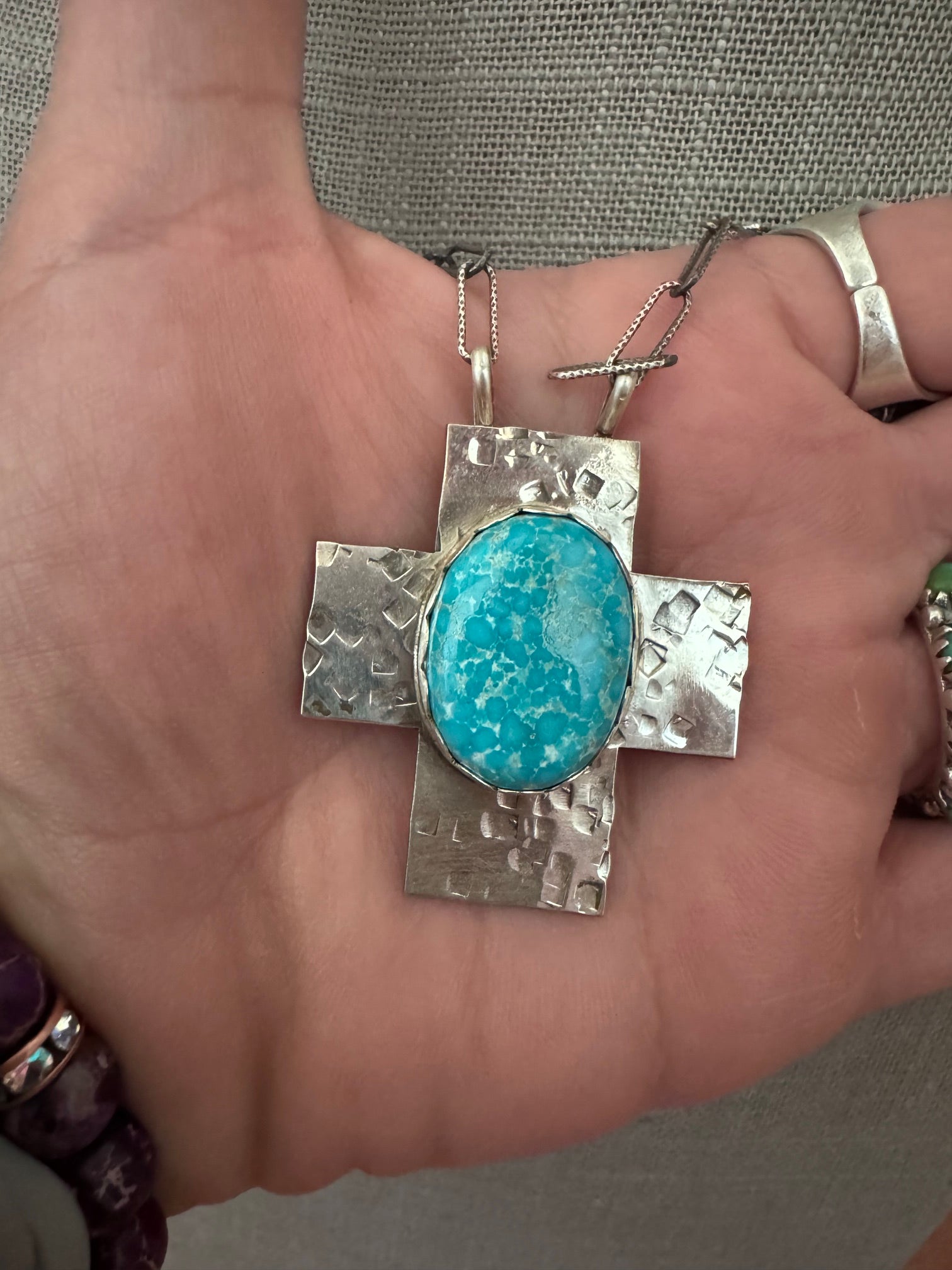 Handmade Sterling Silver White Water Turquoise Cross 18" Necklace by Roaming Buffalo