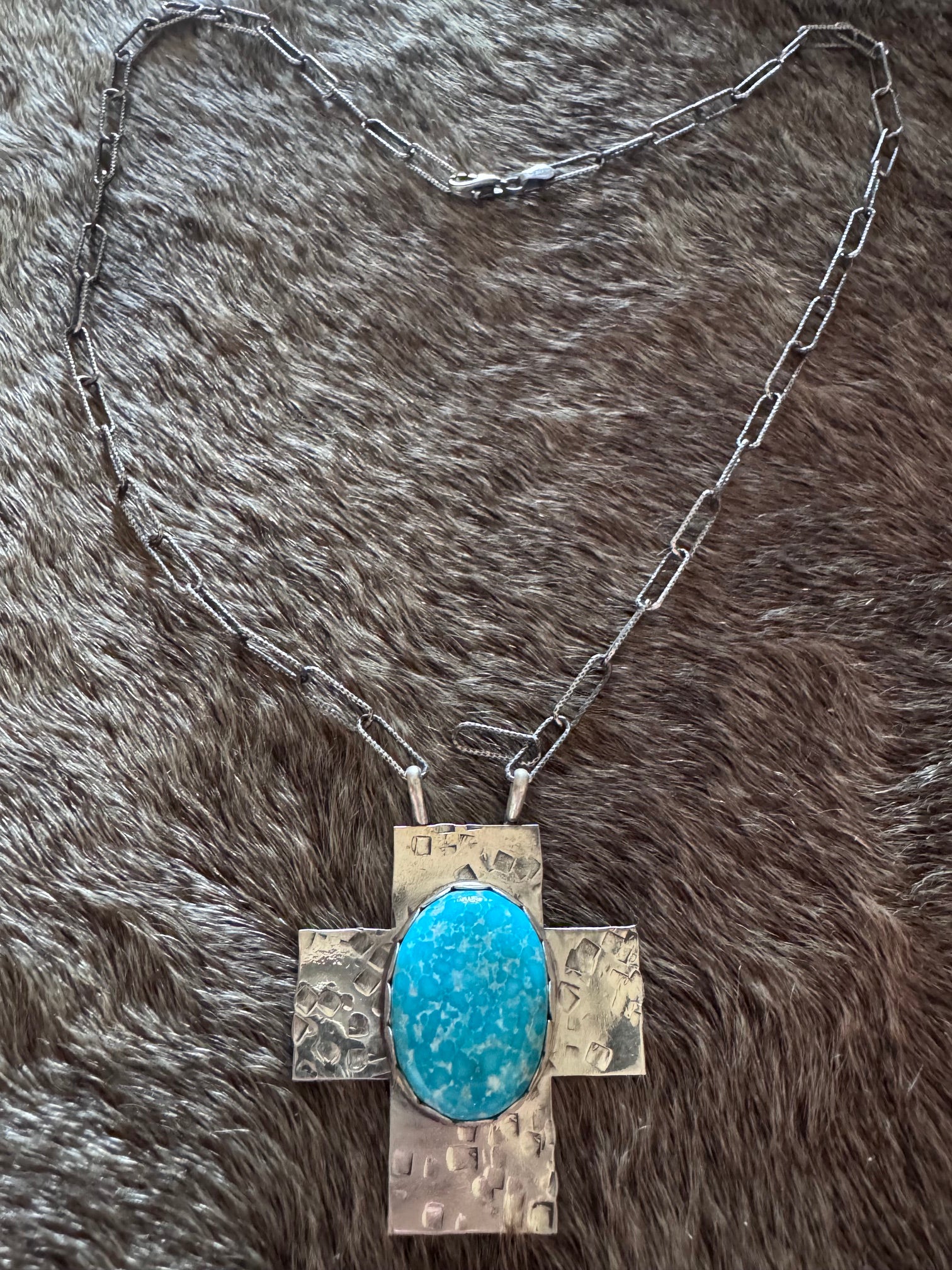 Handmade Sterling Silver White Water Turquoise Cross 18" Necklace by Roaming Buffalo