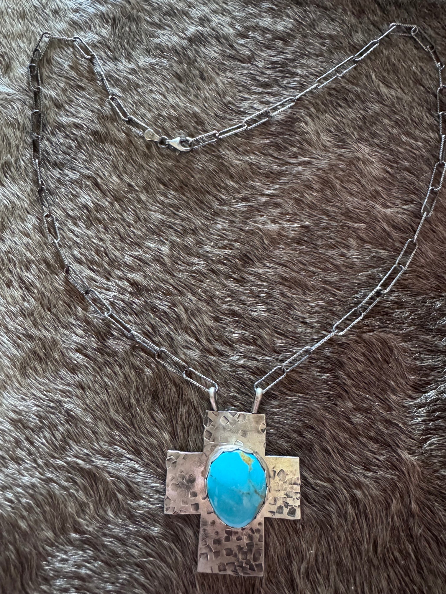 Handmade Sterling Silver Kingman Turquoise Cross 18" Necklace by Roaming Buffalo