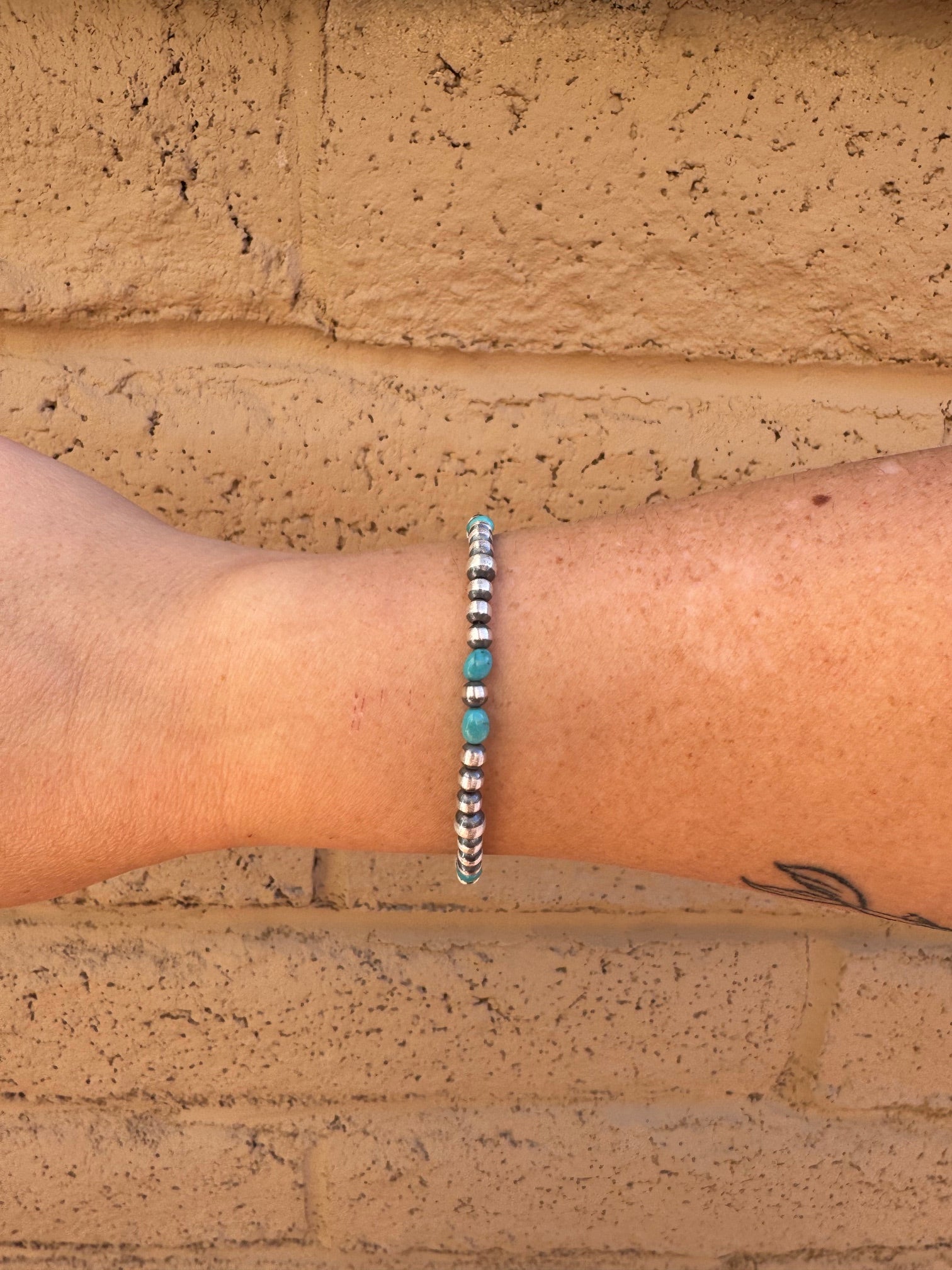 Handcrafted Turquoise & Sterling Silver Pearls 4-5mm Beaded Bracelet 7.5"