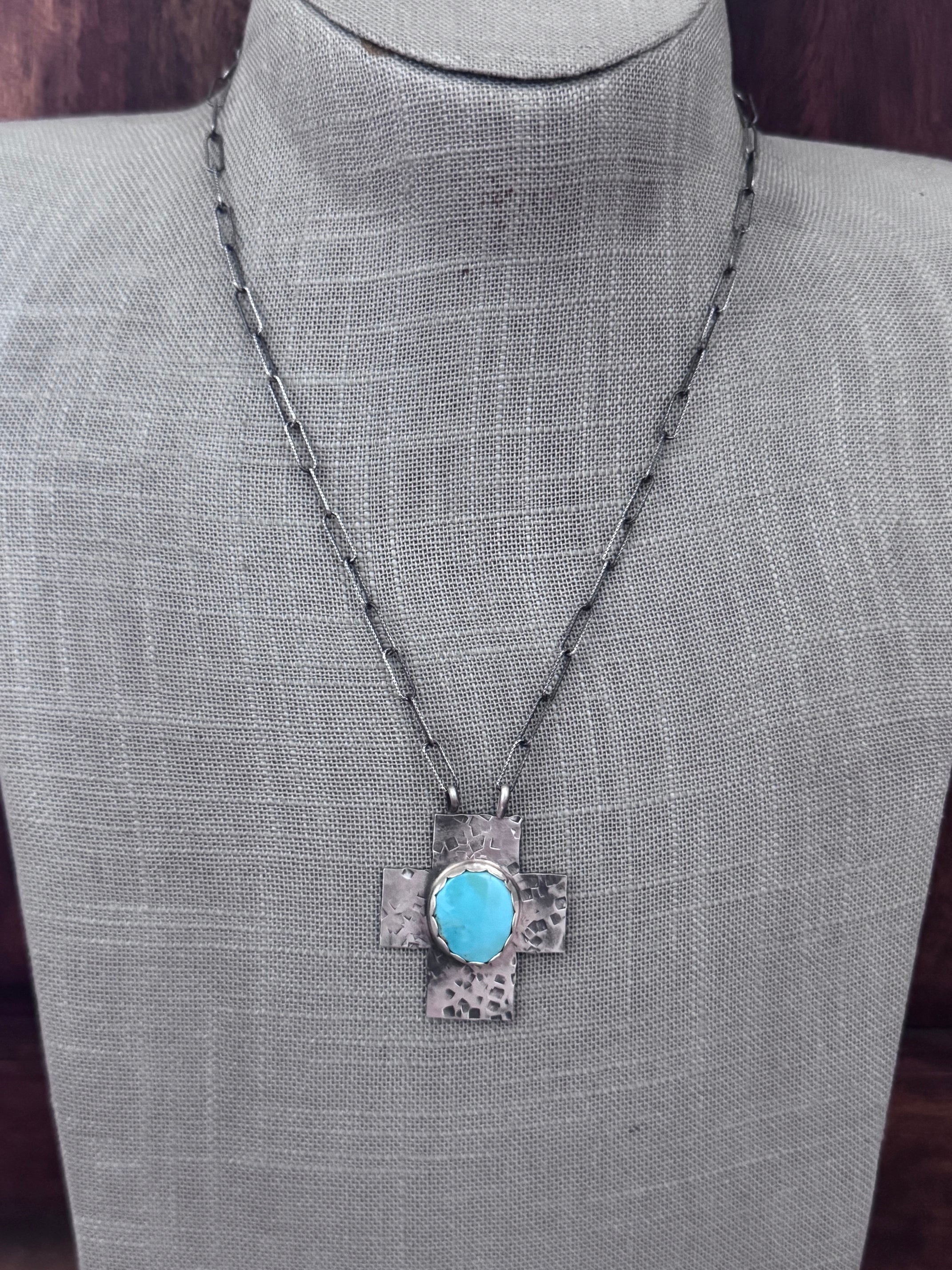 Handmade Sterling Silver Chilean Turquoise Cross 18" Necklace by Roaming Buffalo