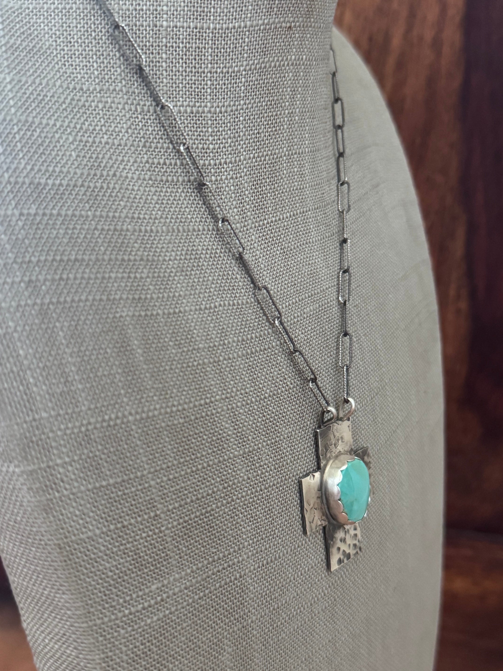 Handmade Sterling Silver Chilean Turquoise Cross 18" Necklace by Roaming Buffalo