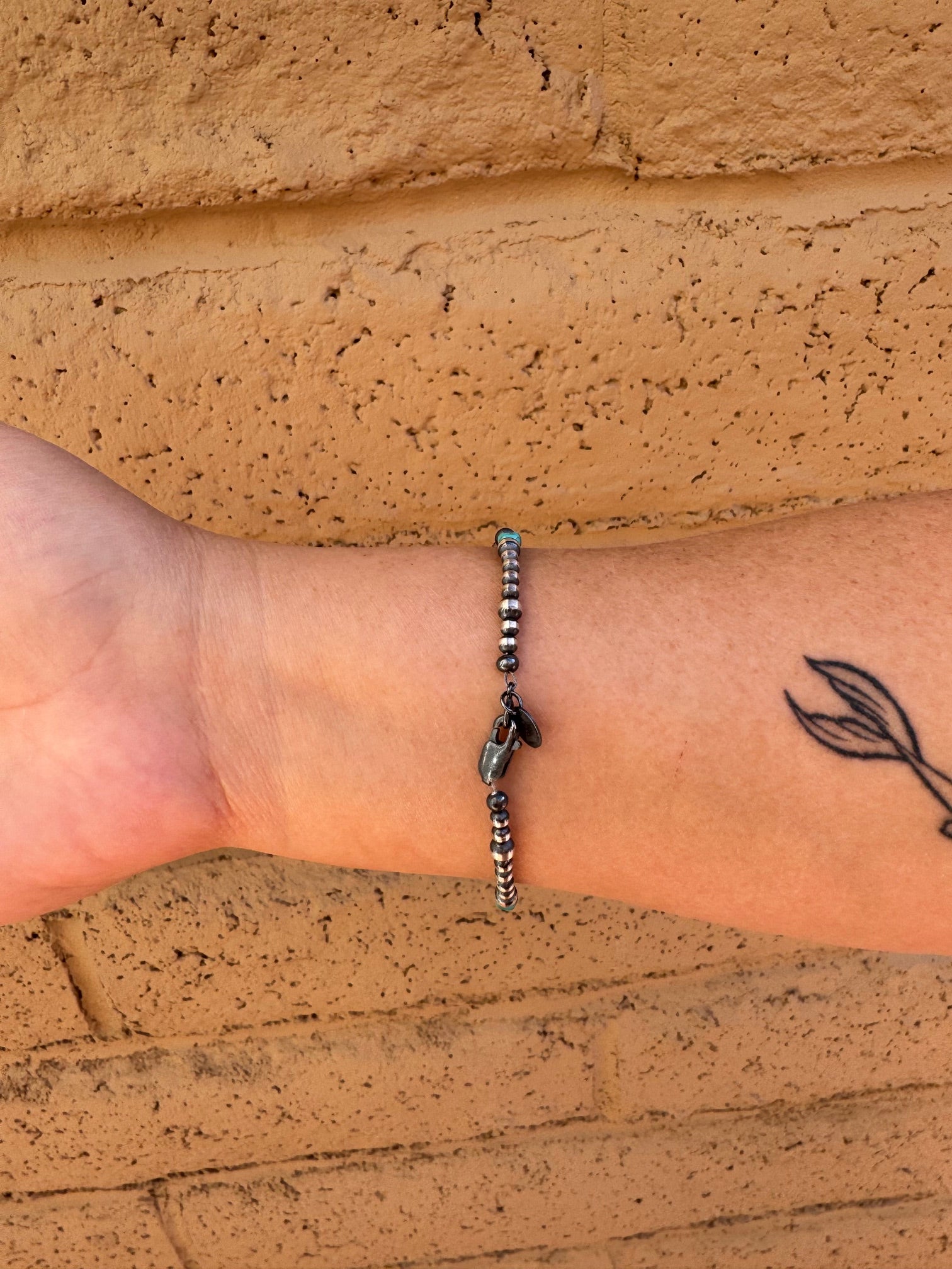 Handcrafted Turquoise & Sterling Silver Pearls 3-4mm Beaded Bracelet 7.5"