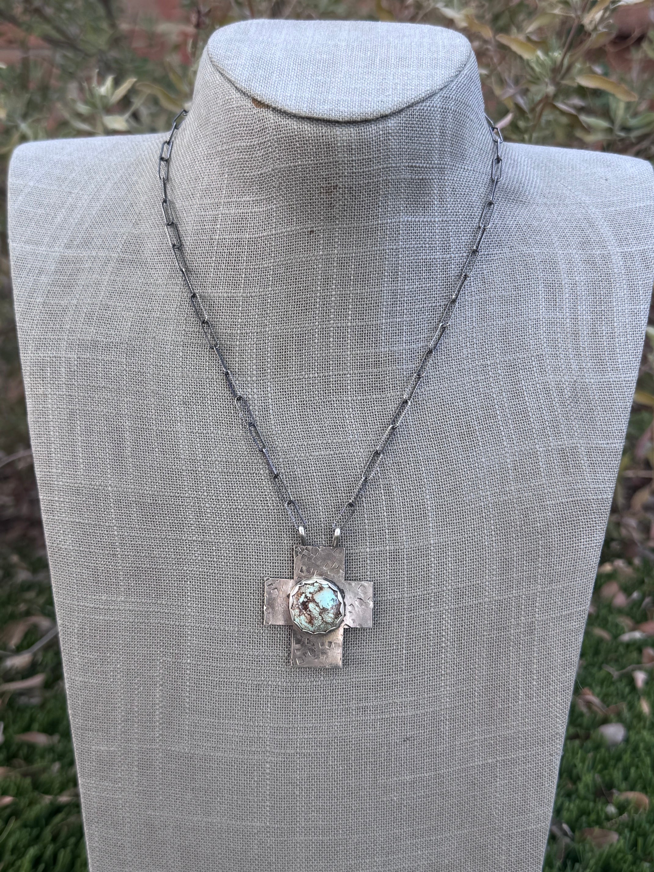 Handmade Sterling Silver Golden Hills Turquoise Cross 18" Necklace by Roaming Buffalo