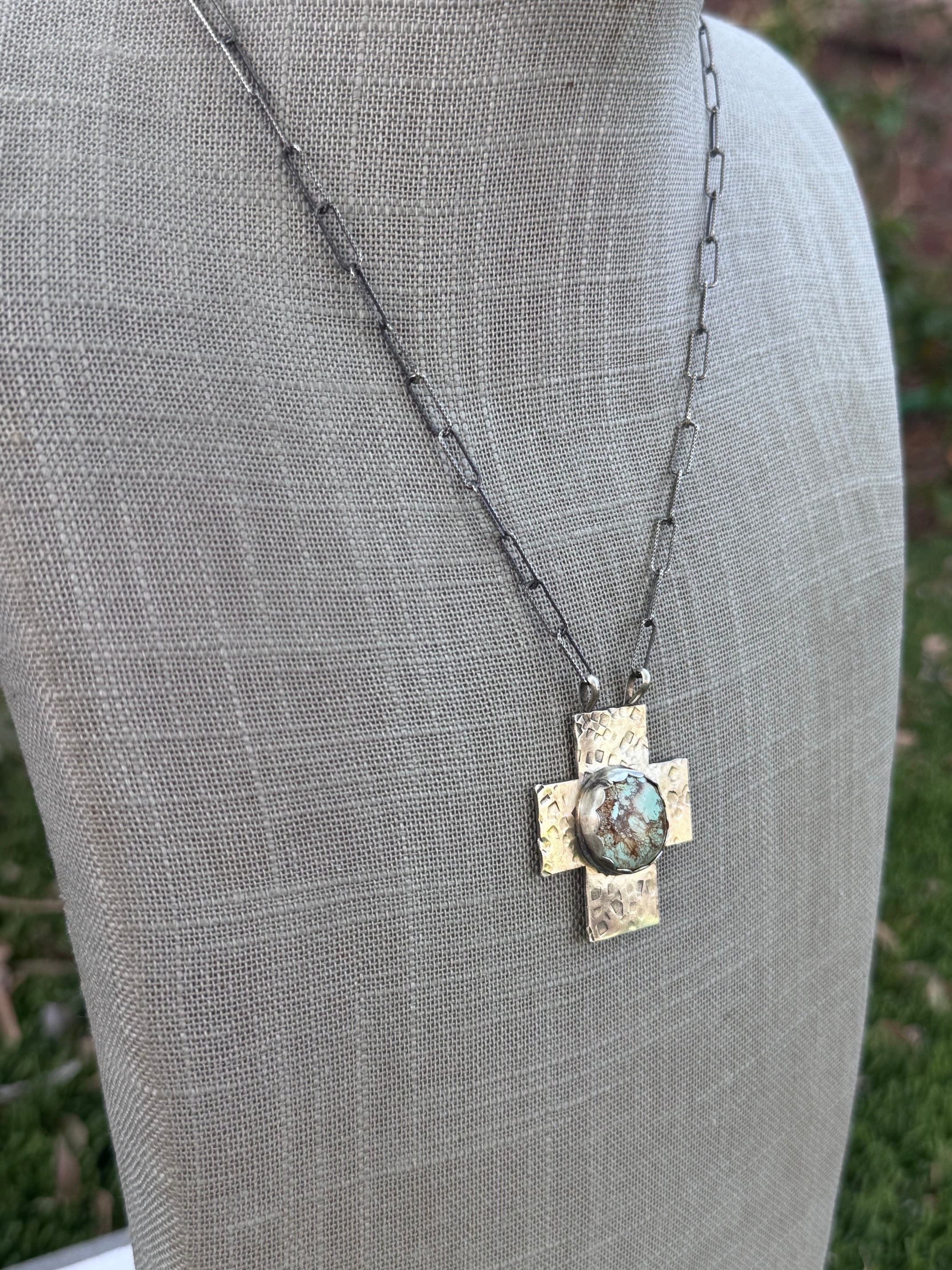 Handmade Sterling Silver Golden Hills Turquoise Cross 18" Necklace by Roaming Buffalo