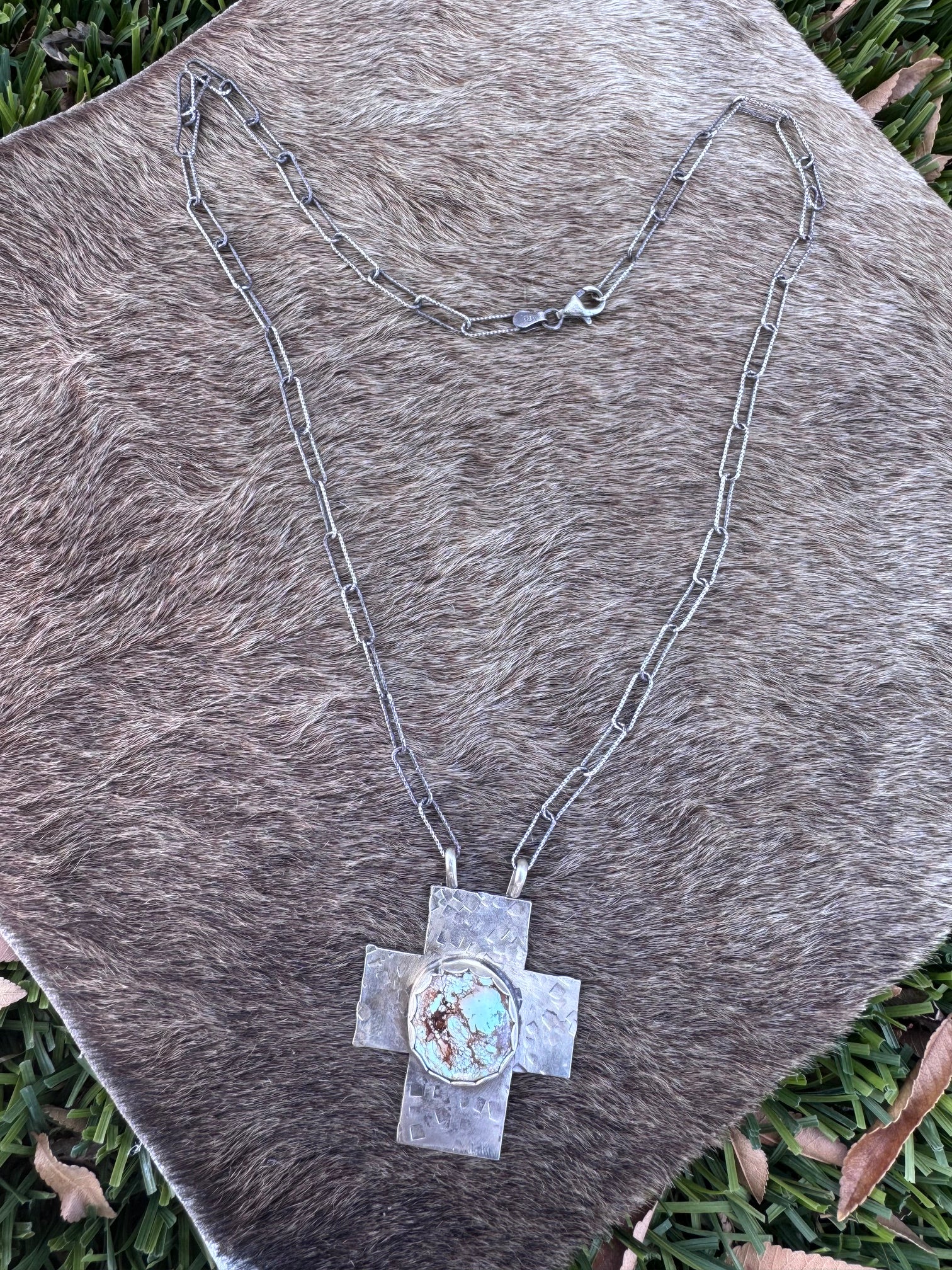 Handmade Sterling Silver Golden Hills Turquoise Cross 18" Necklace by Roaming Buffalo