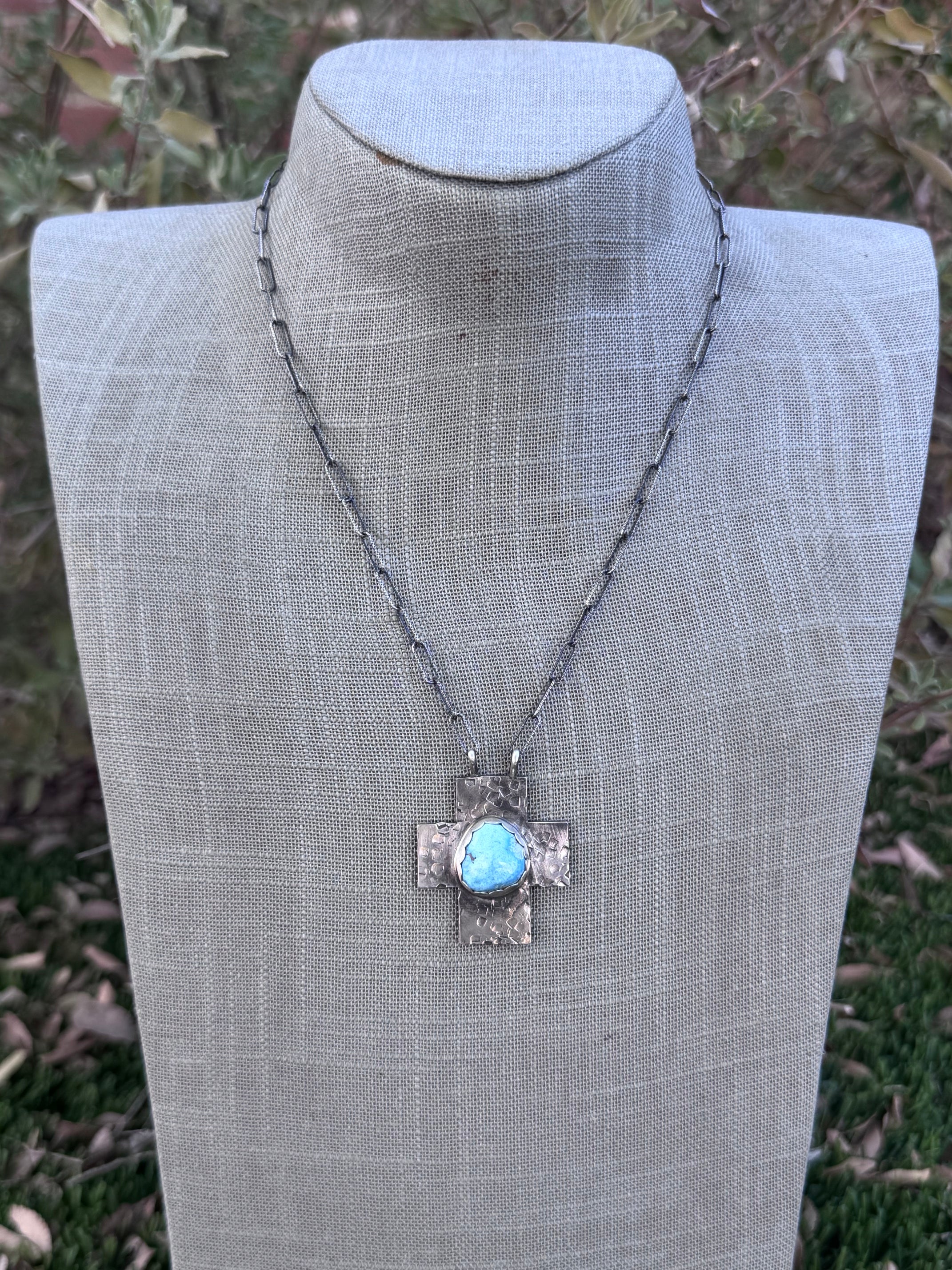 Handmade Sterling Silver Golden Hills Turquoise Cross 18" Necklace by Roaming Buffalo