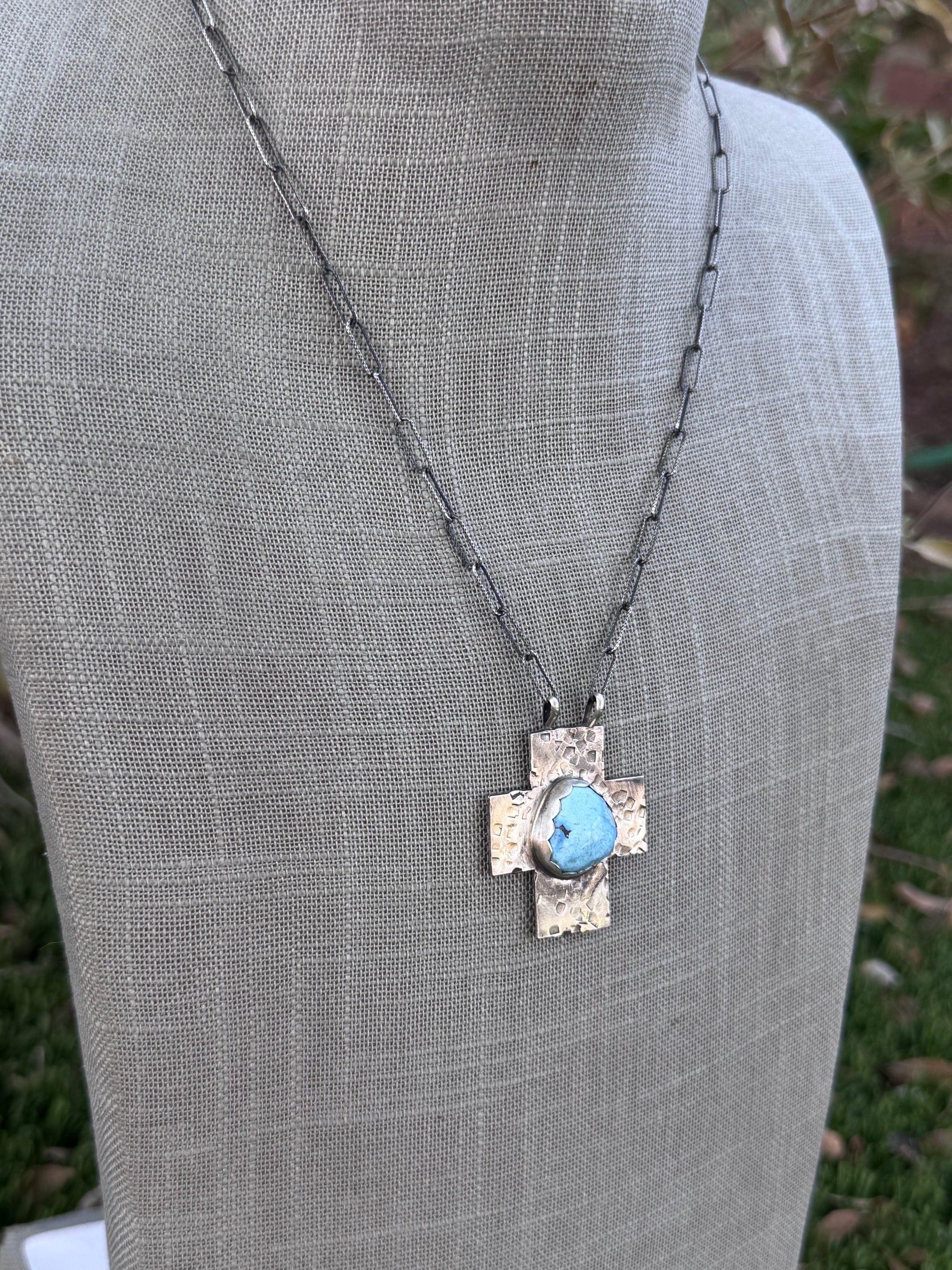 Handmade Sterling Silver Golden Hills Turquoise Cross 18" Necklace by Roaming Buffalo