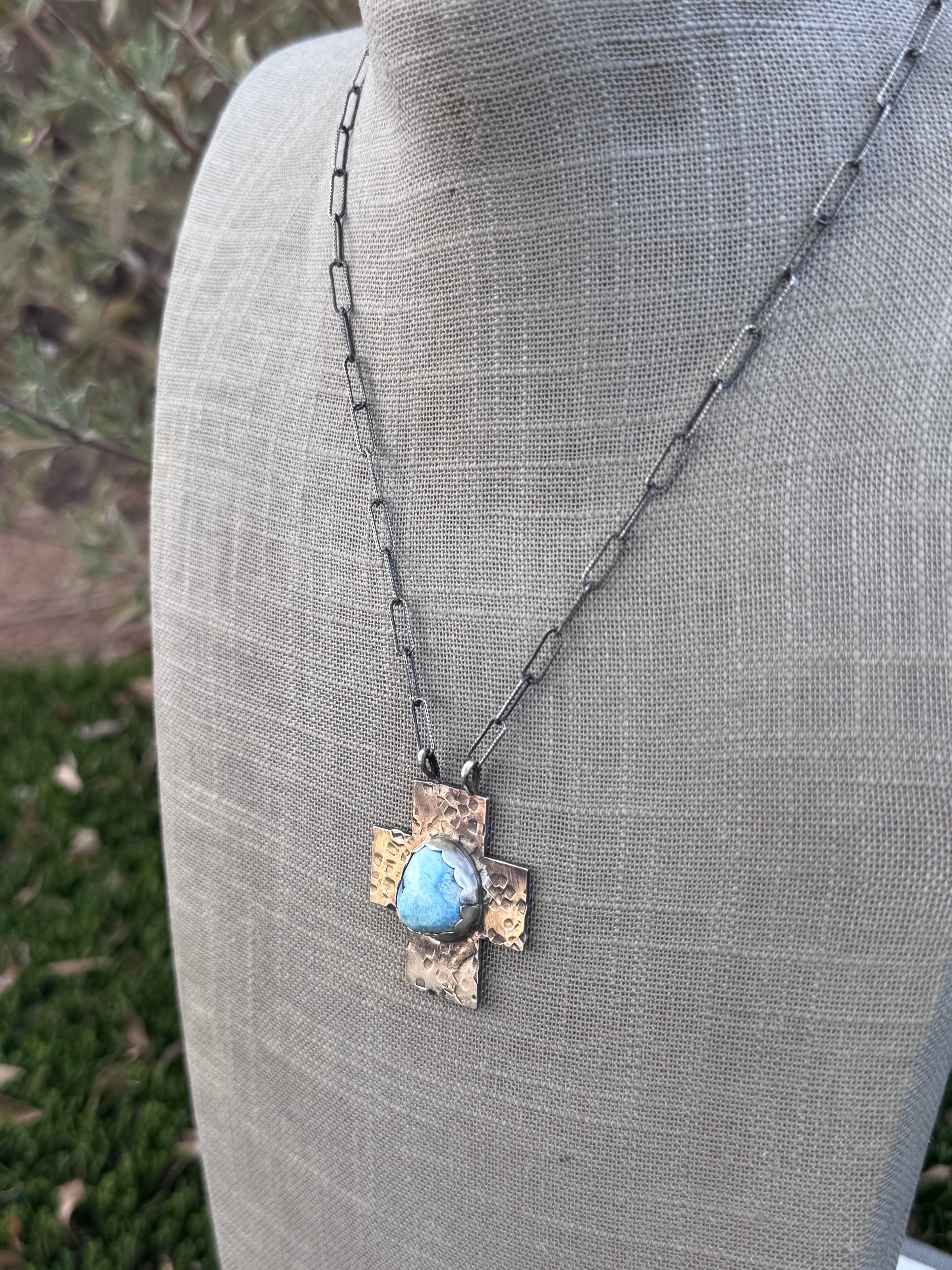 Handmade Sterling Silver Golden Hills Turquoise Cross 18" Necklace by Roaming Buffalo