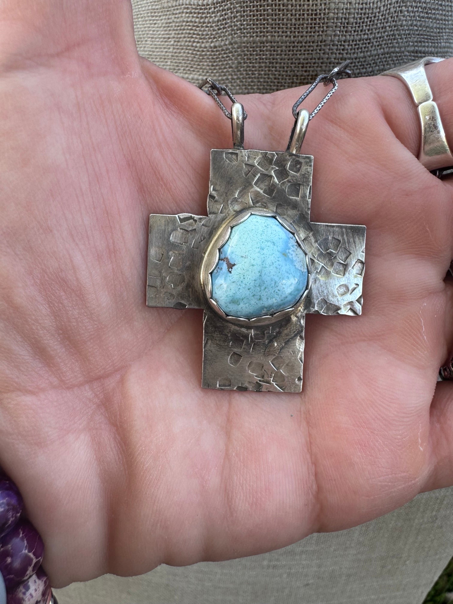 Handmade Sterling Silver Golden Hills Turquoise Cross 18" Necklace by Roaming Buffalo