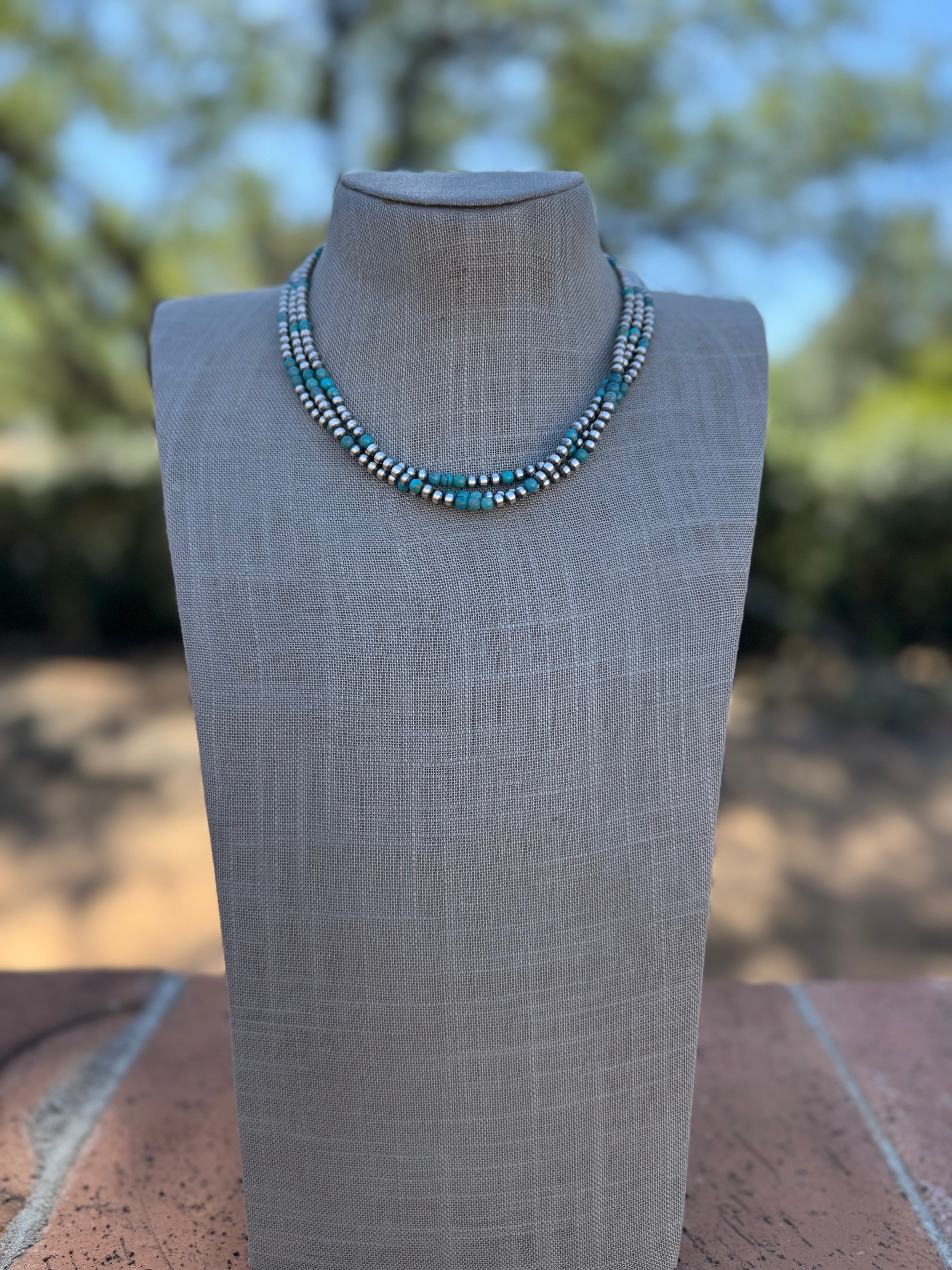 Handcrafted Turquoise & Sterling Silver Pearl 4mm Beaded Necklace 16"