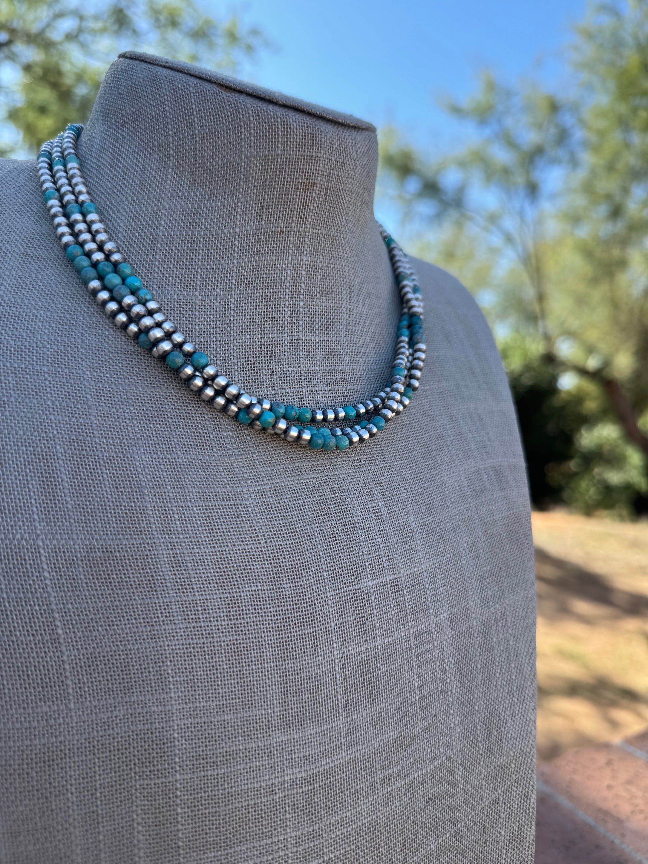 Handcrafted Turquoise & Sterling Silver Pearl 4mm Beaded Necklace 16"