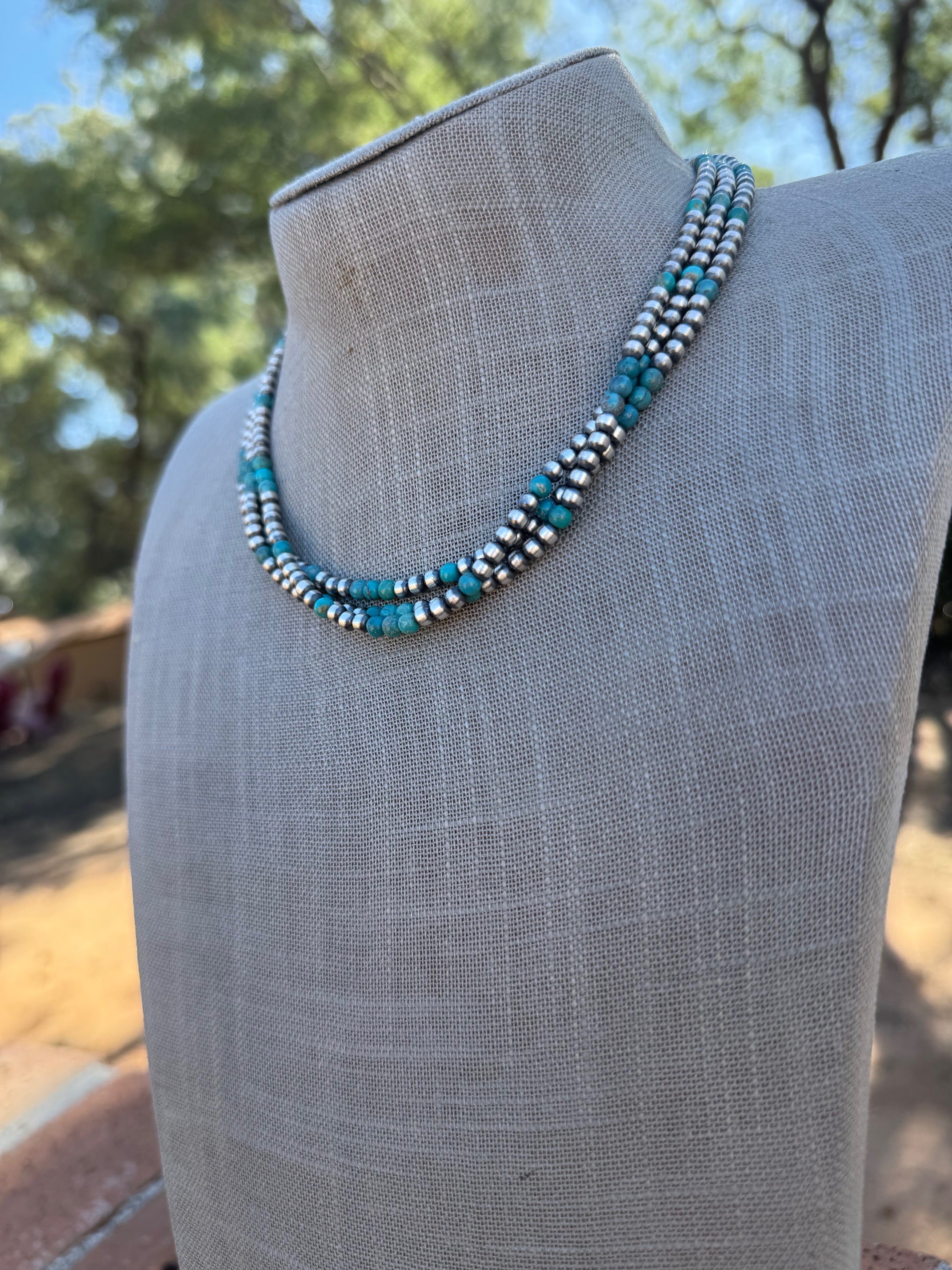 Handcrafted Turquoise & Sterling Silver Pearl 4mm Beaded Necklace 16"