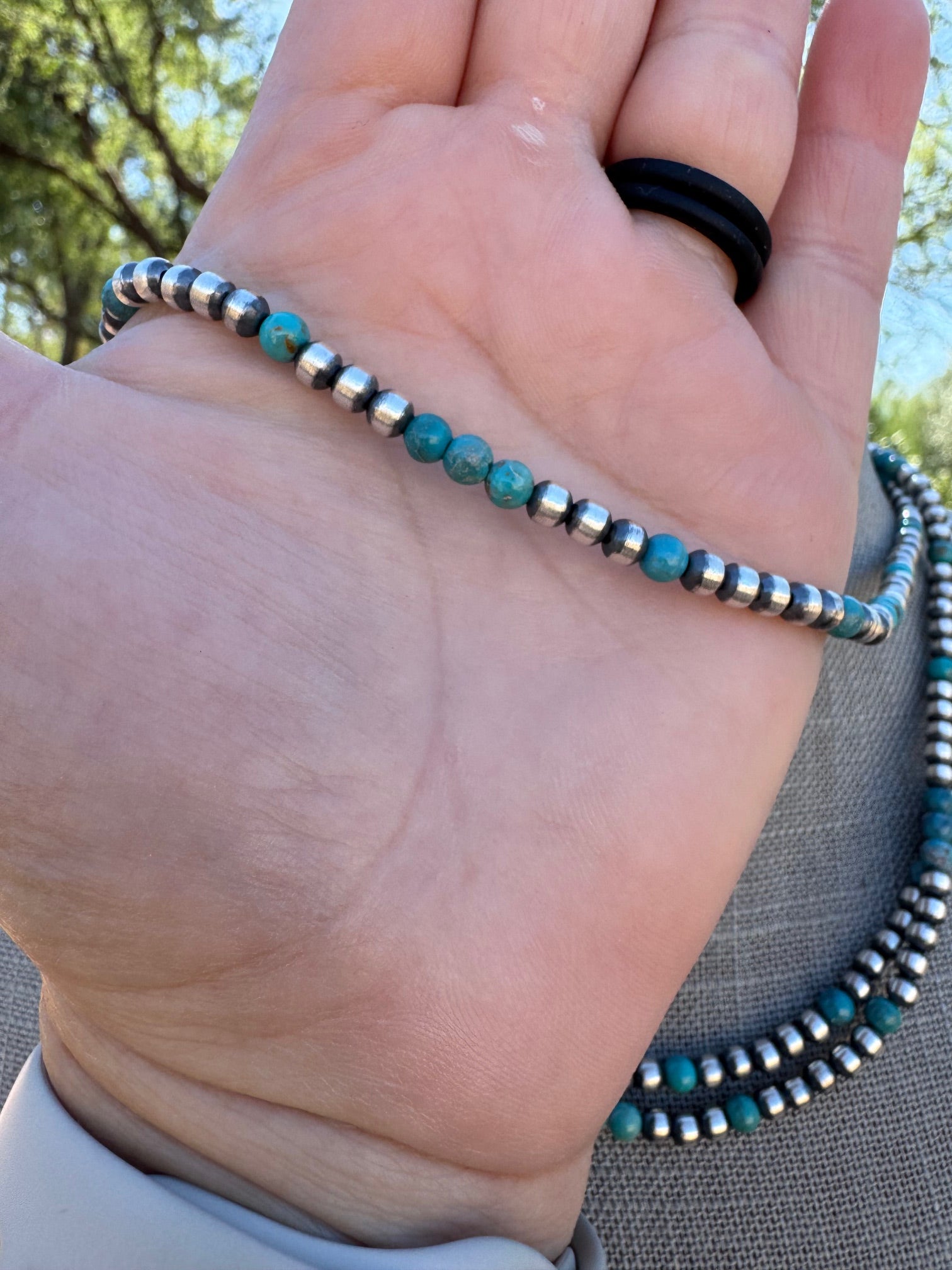 Handcrafted Turquoise & Sterling Silver Pearl 4mm Beaded Necklace 16"