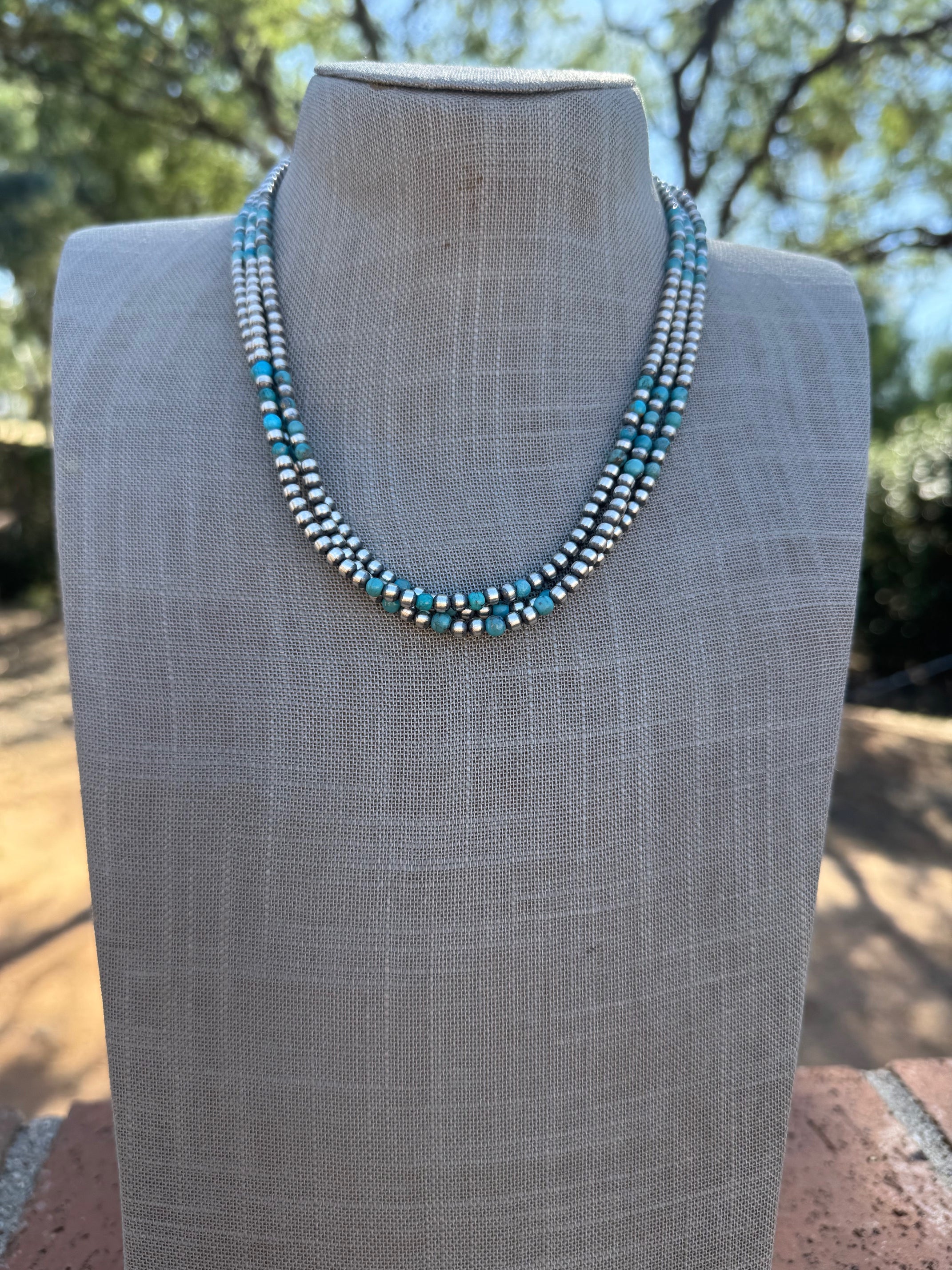 Handcrafted Turquoise & Sterling Silver Pearl 4mm Beaded Necklace 18"