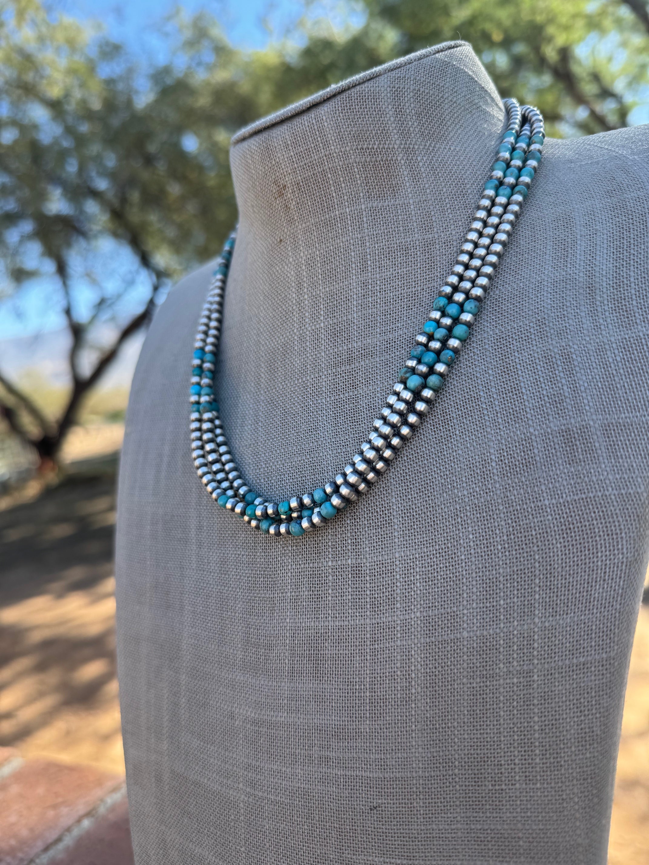 Handcrafted Turquoise & Sterling Silver Pearl 4mm Beaded Necklace 18"