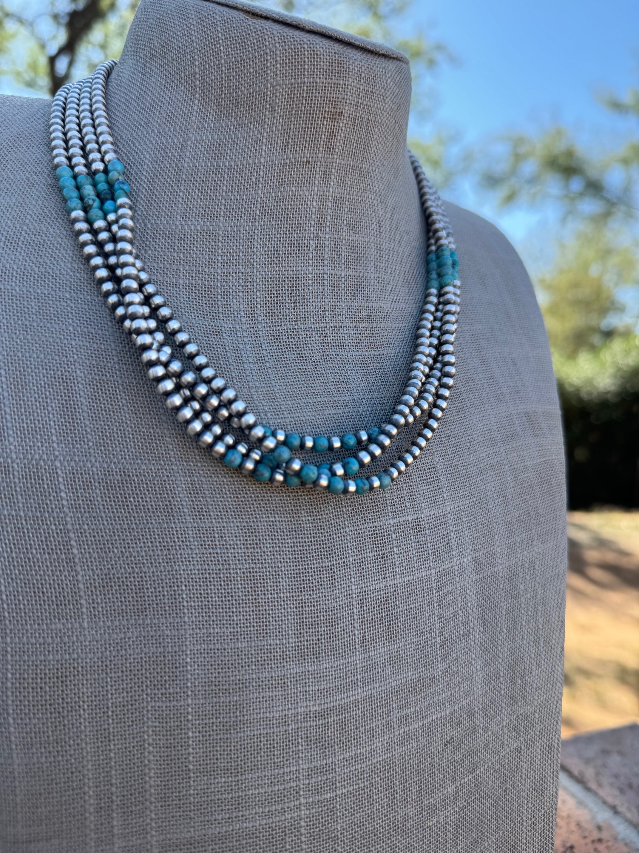 Handcrafted Turquoise & Sterling Silver Pearl 4mm Beaded Necklace 18"