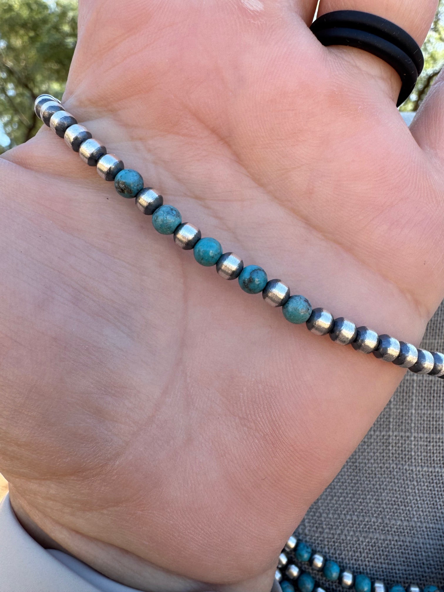 Handcrafted Turquoise & Sterling Silver Pearl 4mm Beaded Necklace 18"