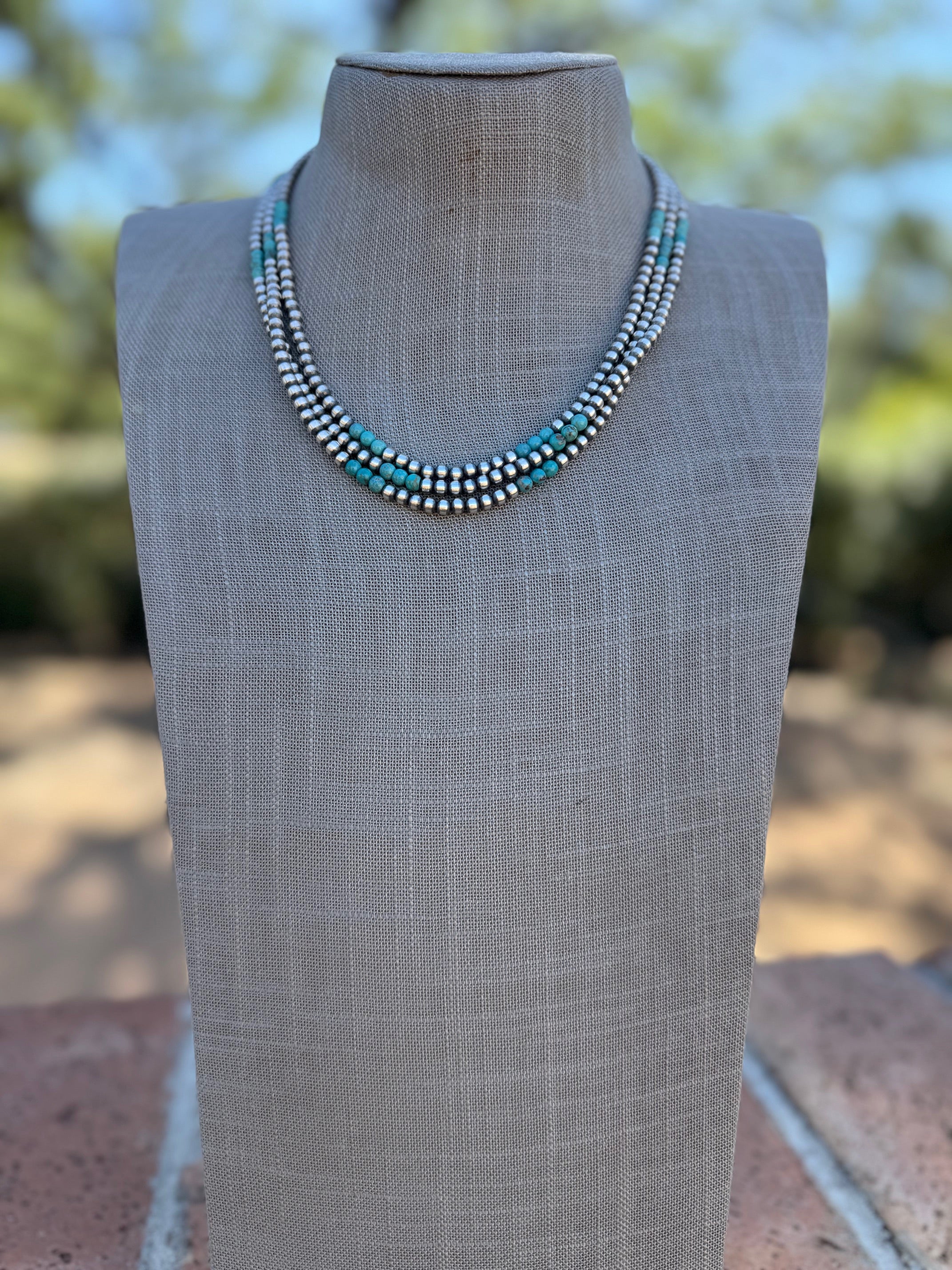 Handcrafted Turquoise & Sterling Silver Pearl 4mm Beaded Necklace 18"