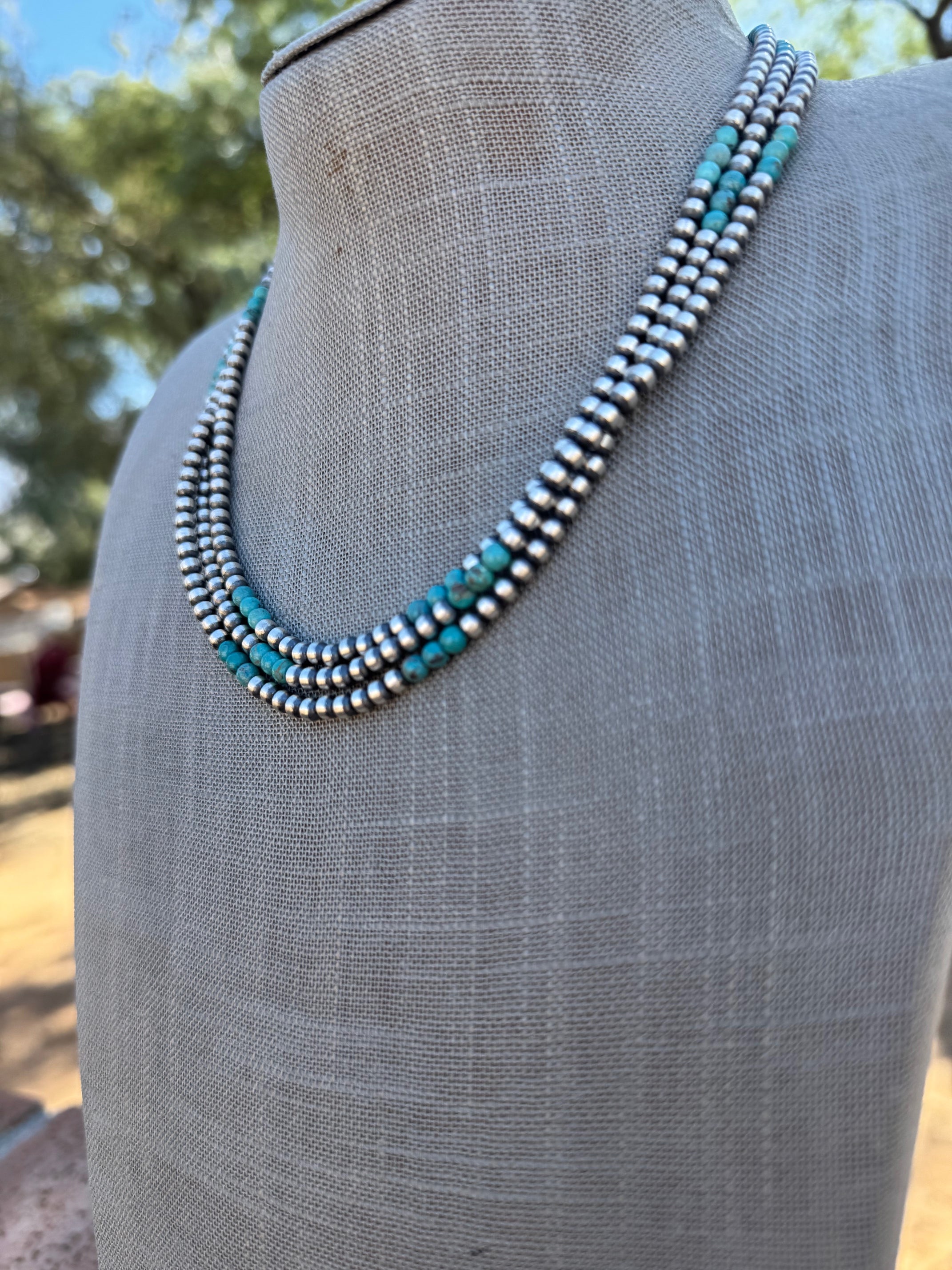 Handcrafted Turquoise & Sterling Silver Pearl 4mm Beaded Necklace 18"