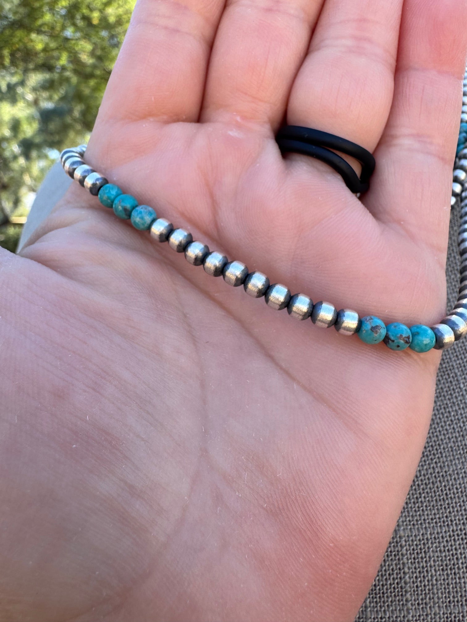 Handcrafted Turquoise & Sterling Silver Pearl 4mm Beaded Necklace 18"