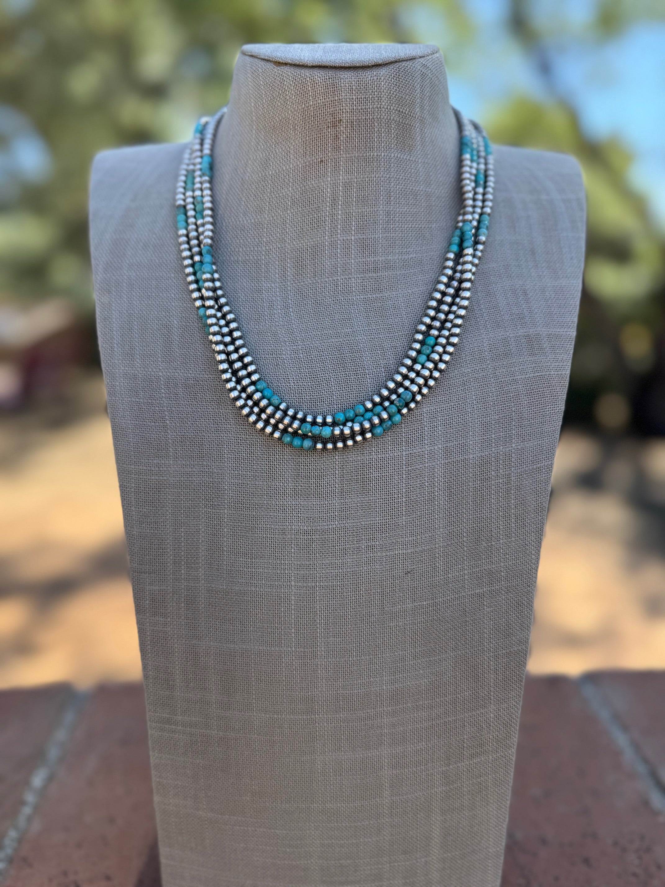 Handcrafted Turquoise & Sterling Silver Pearl 4mm Beaded Necklace 20"