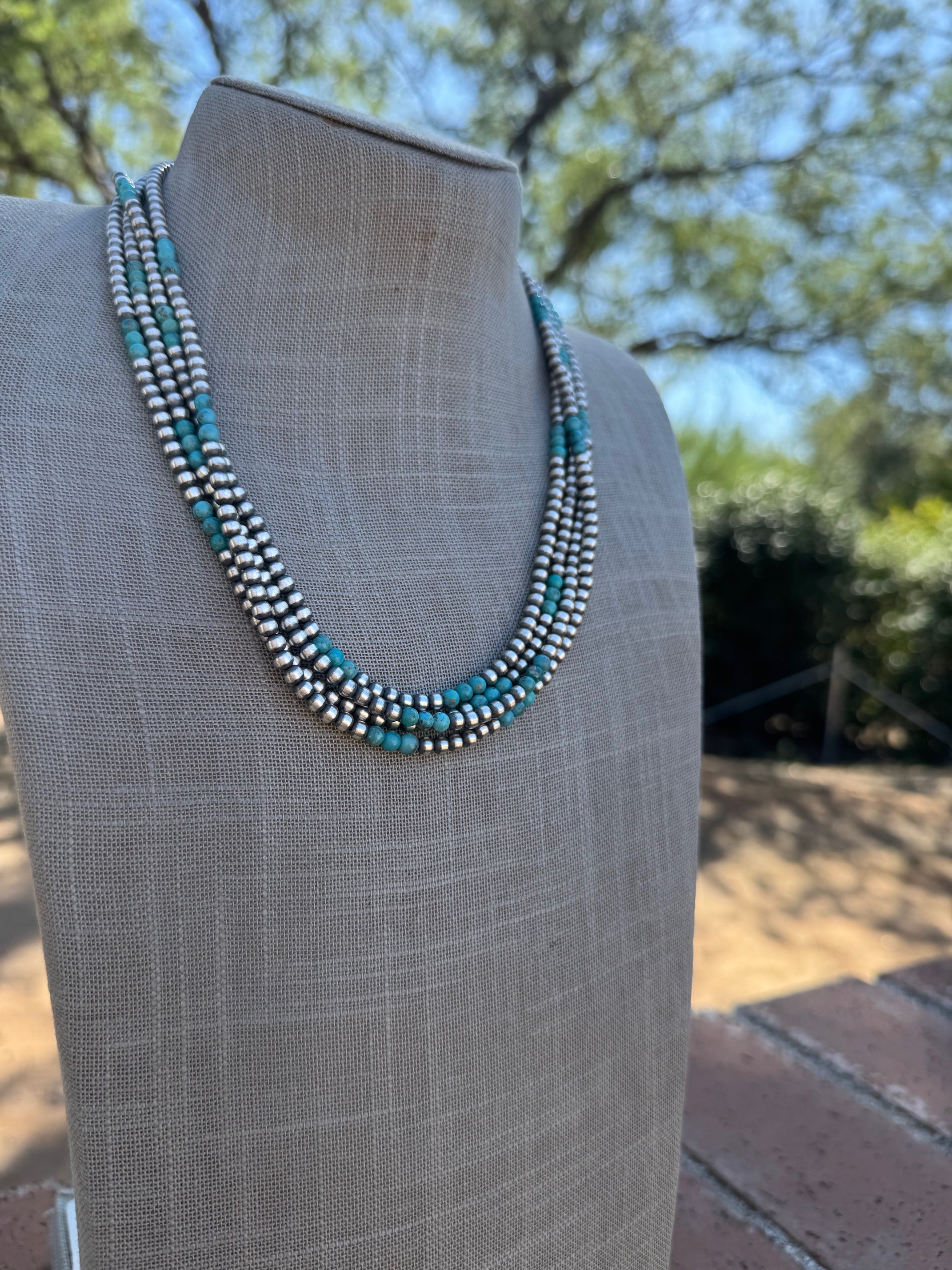 Handcrafted Turquoise & Sterling Silver Pearl 4mm Beaded Necklace 20"