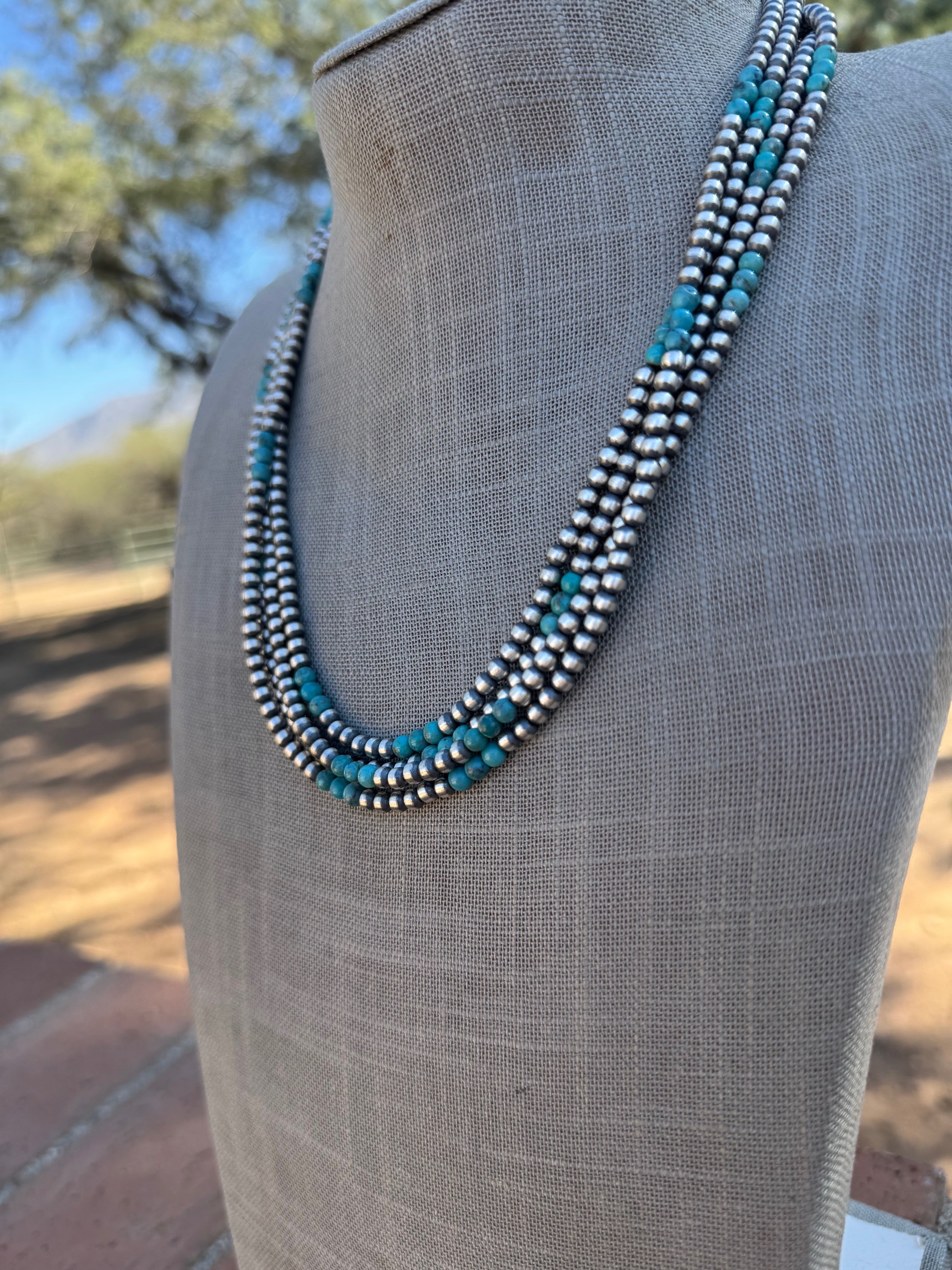 Handcrafted Turquoise & Sterling Silver Pearl 4mm Beaded Necklace 20"