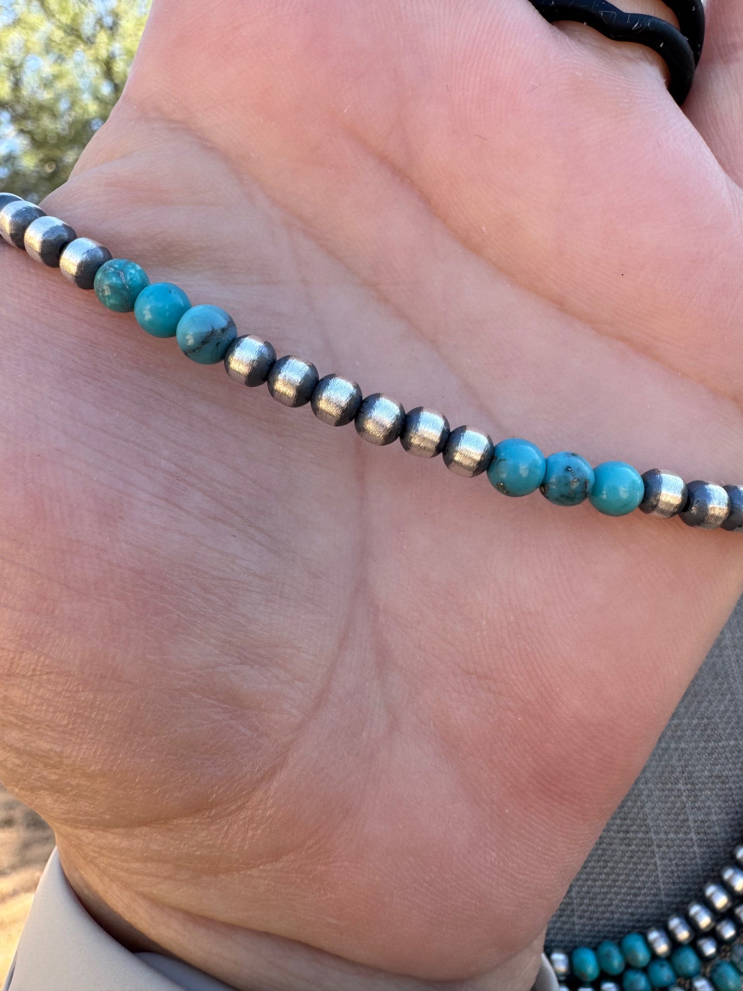 Handcrafted Turquoise & Sterling Silver Pearl 4mm Beaded Necklace 20"