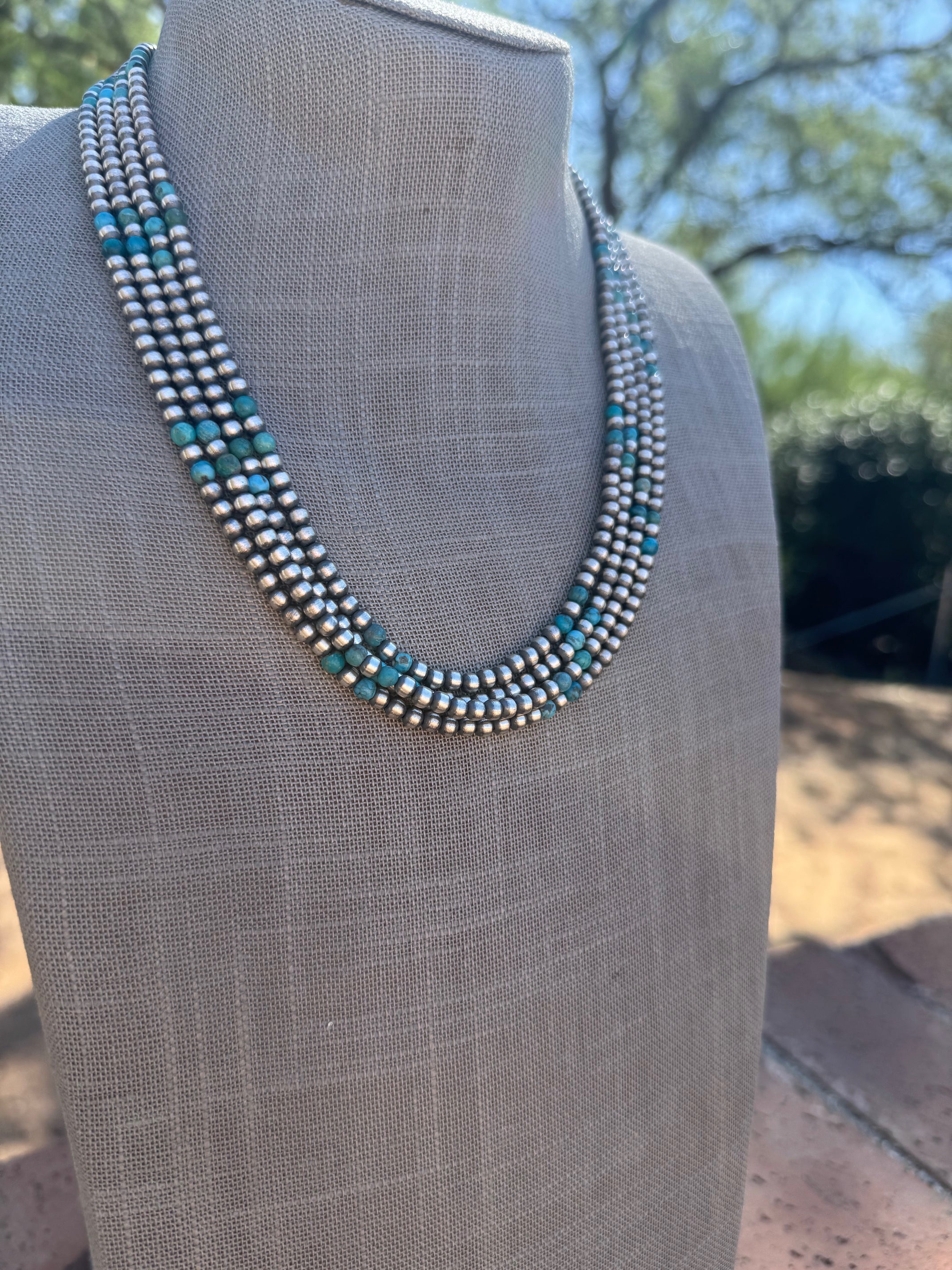 Handcrafted Turquoise & Sterling Silver Pearl 4mm Beaded Necklace 20"