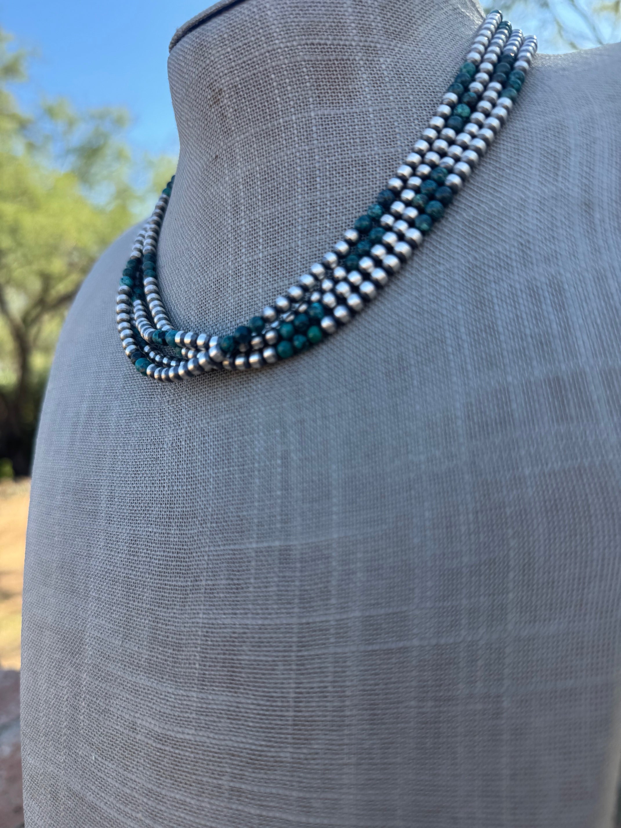 Handcrafted Hubei Turquoise & Sterling Silver Pearl 4mm Beaded Necklace 16"