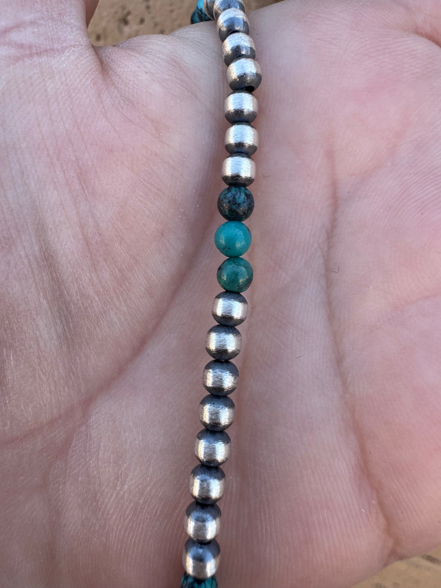 Handcrafted Hubei Turquoise & Sterling Silver Pearl 4mm Beaded Necklace 16"