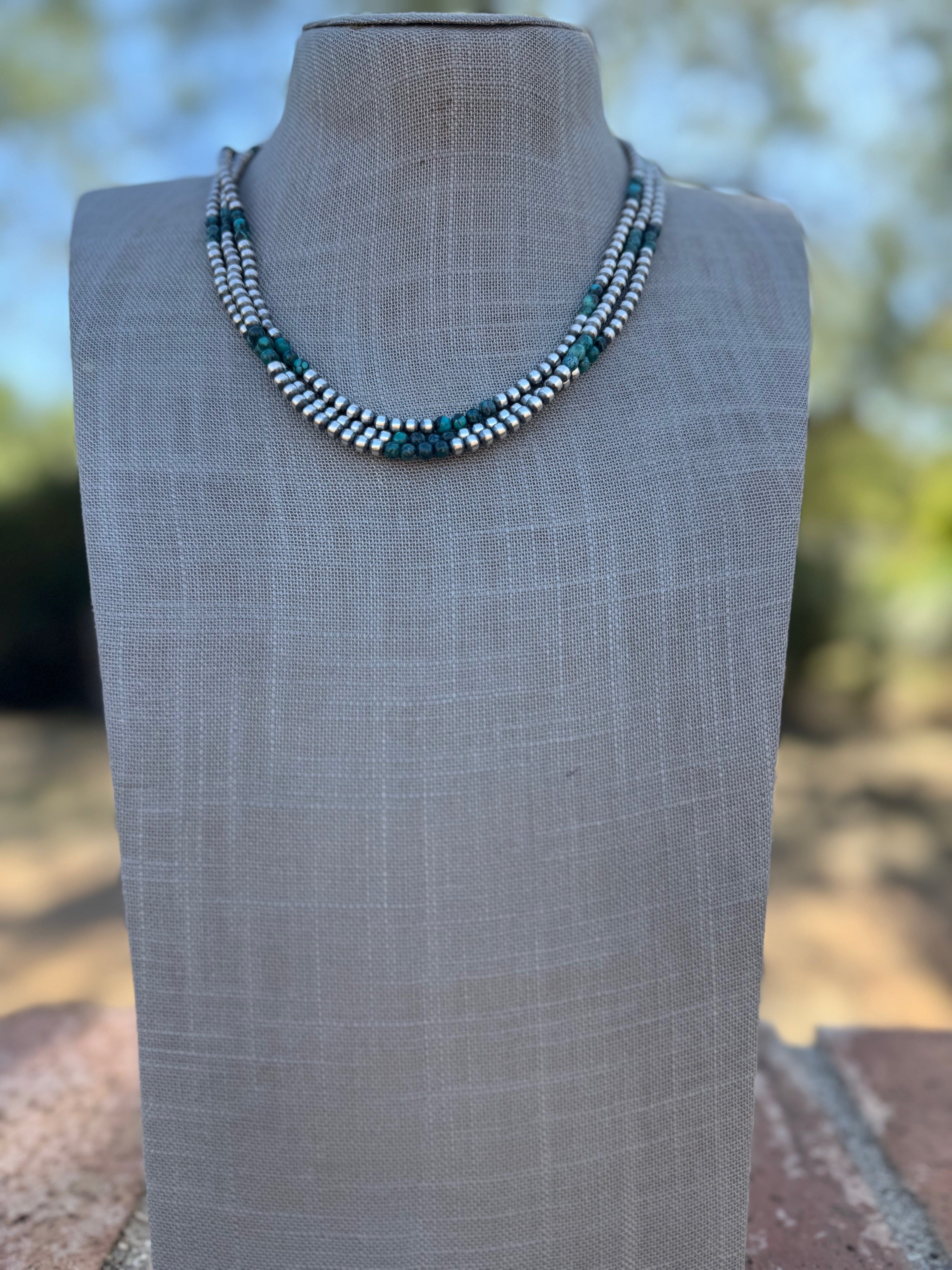 Handcrafted Hubei Turquoise & Sterling Silver Pearl 4mm Beaded Necklace 18"