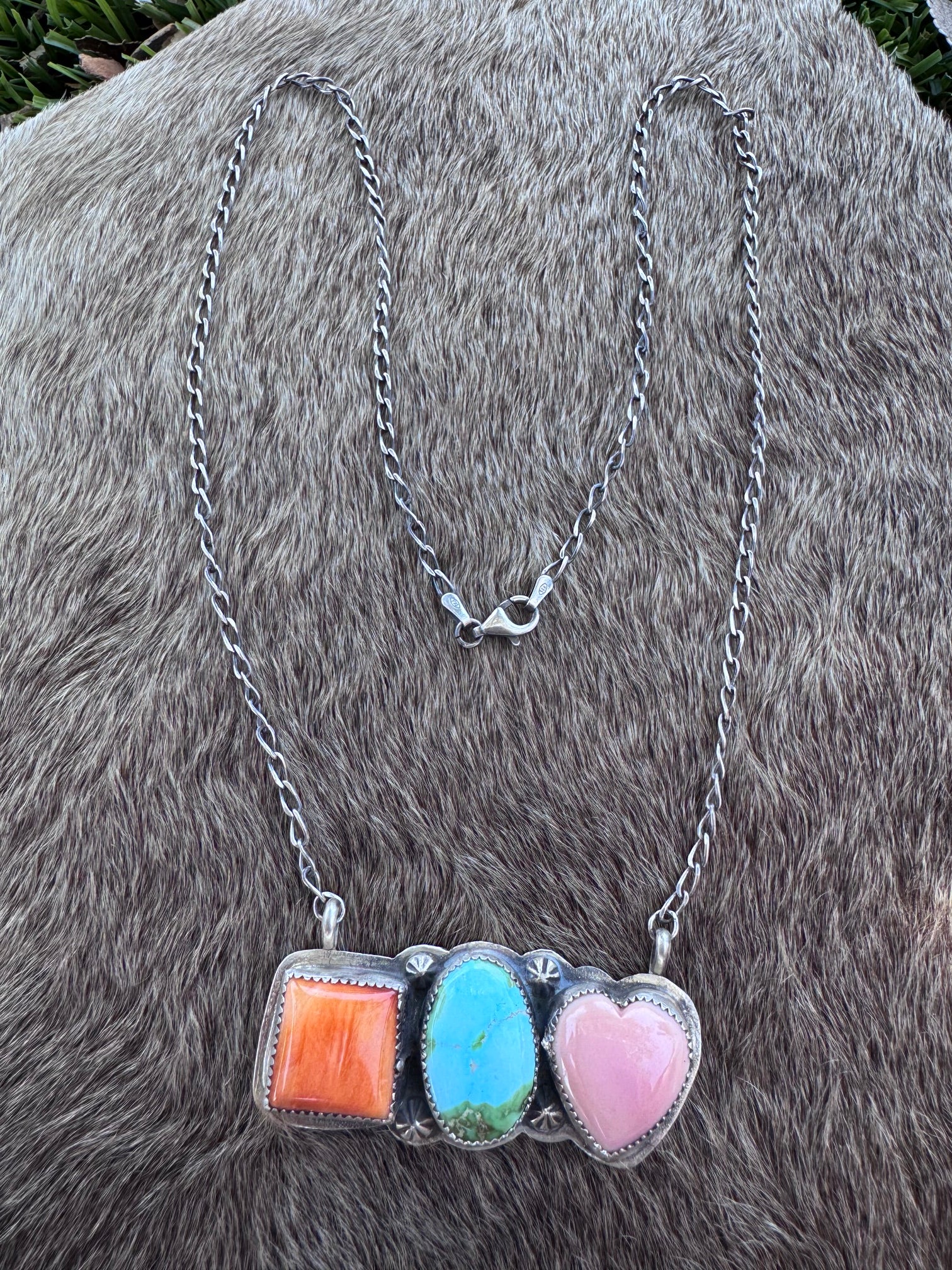Handmade Sterling Silver Sonoran, Pink Conch, & Spiny Bar 19.5" Necklace by Roaming Buffalo