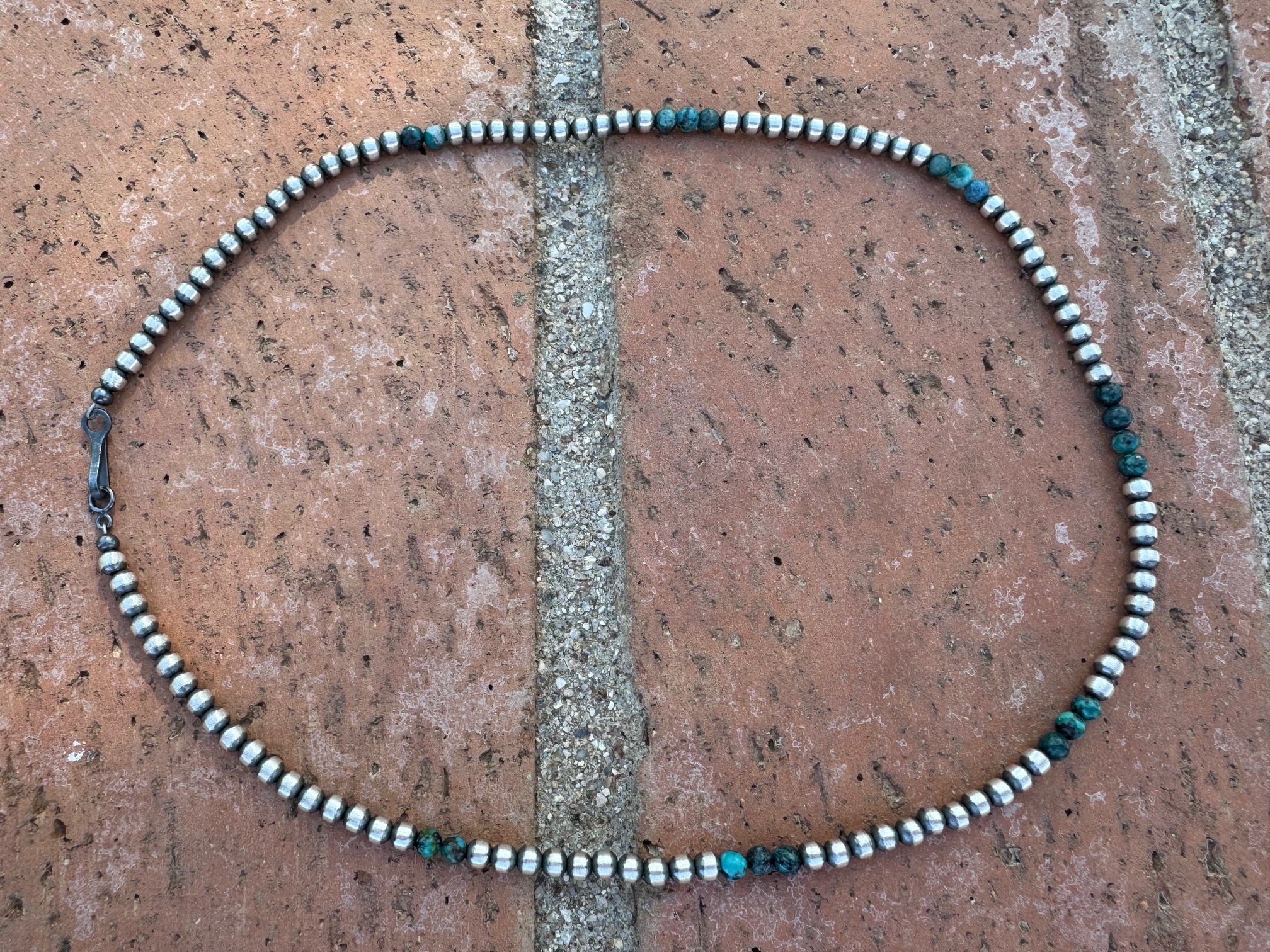 Handcrafted Hubei Turquoise & Sterling Silver Pearl 4mm Beaded Necklace 18"