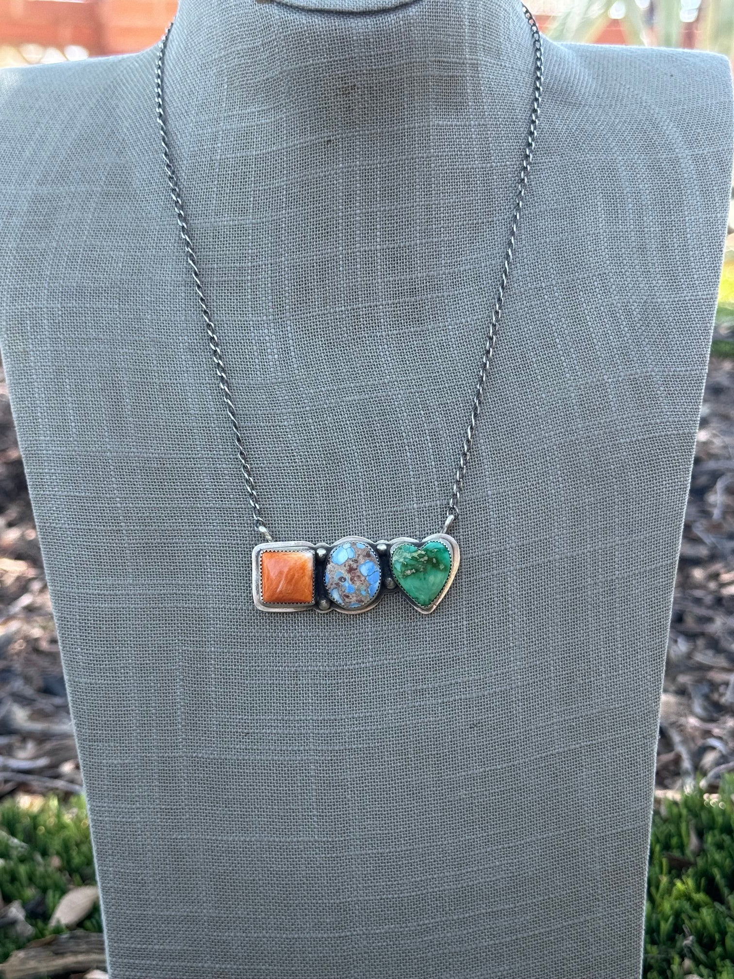 Handmade Sterling Silver Golden Hills, Sonoran Green & Orange Spiny Bar 19.75" Necklace by Roaming Buffalo