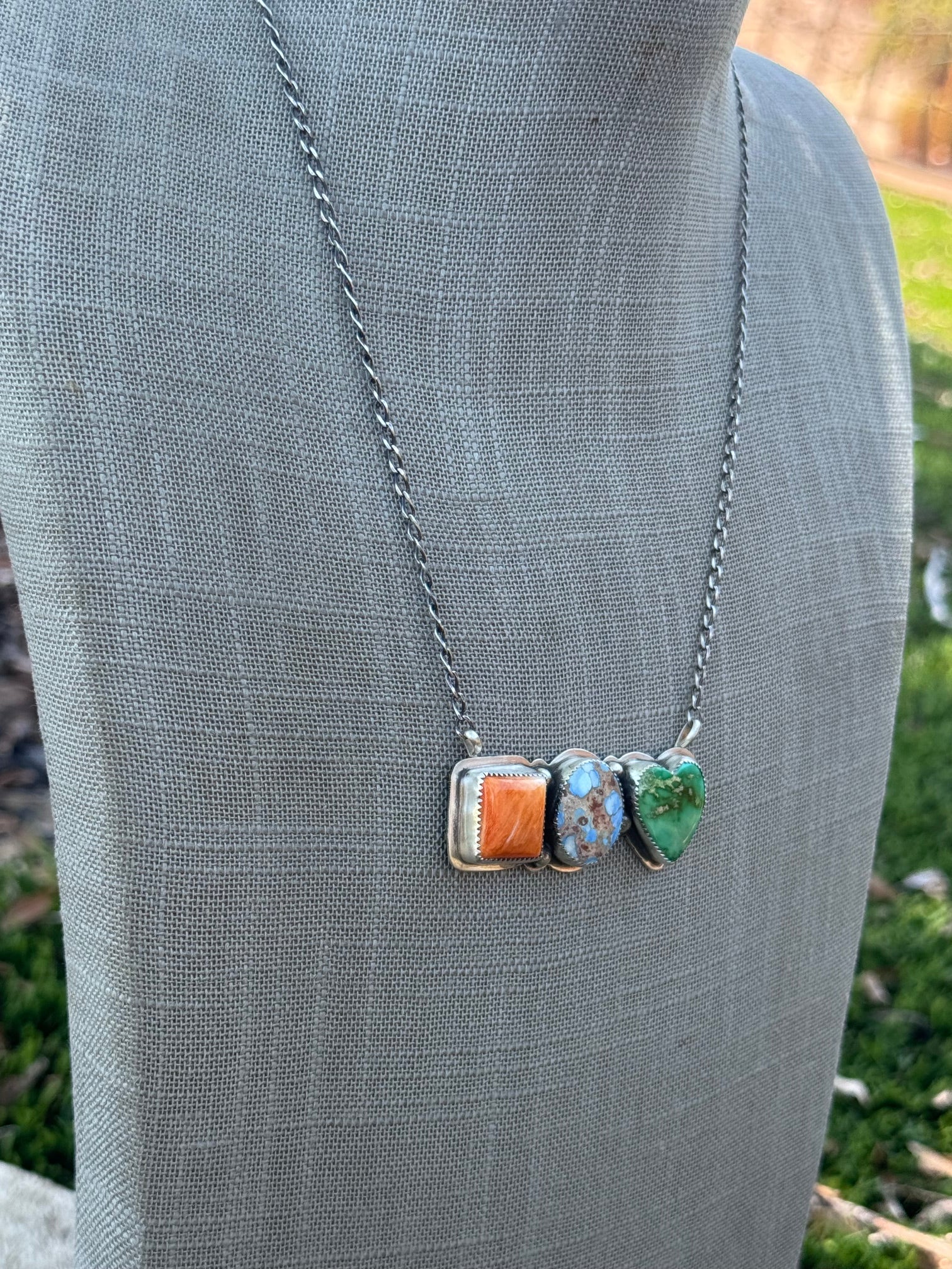 Handmade Sterling Silver Golden Hills, Sonoran Green & Orange Spiny Bar 19.75" Necklace by Roaming Buffalo