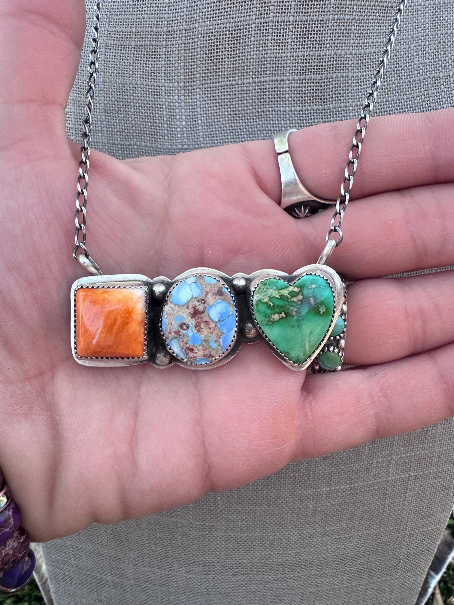 Handmade Sterling Silver Golden Hills, Sonoran Green & Orange Spiny Bar 19.75" Necklace by Roaming Buffalo