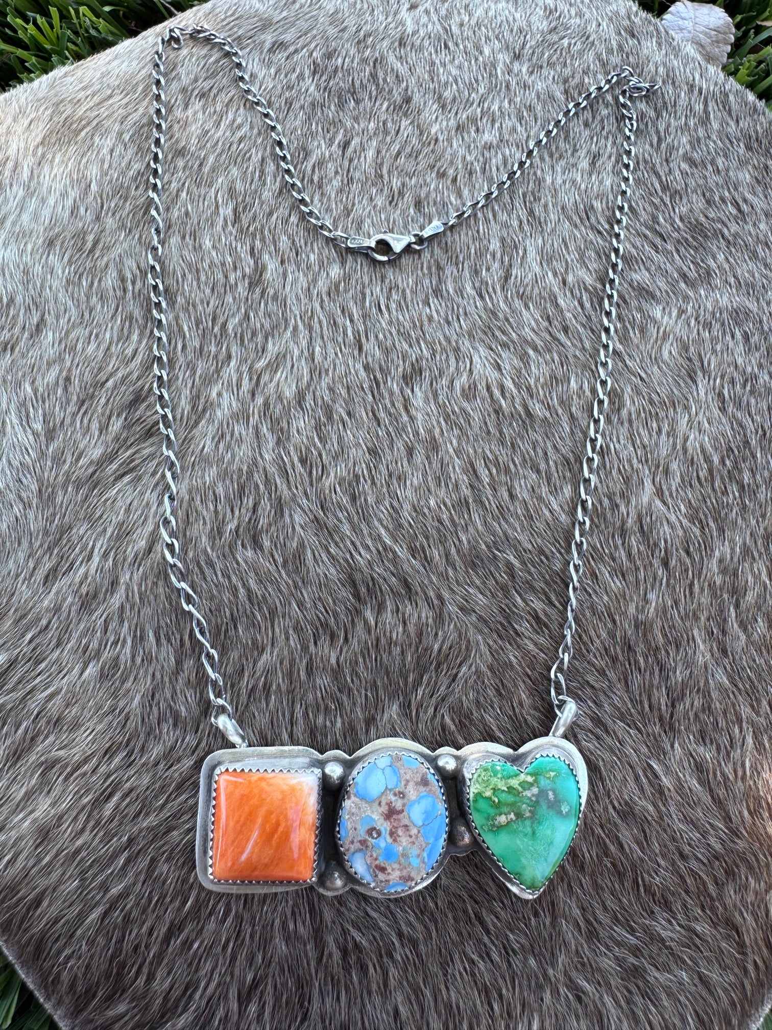 Handmade Sterling Silver Golden Hills, Sonoran Green & Orange Spiny Bar 19.75" Necklace by Roaming Buffalo