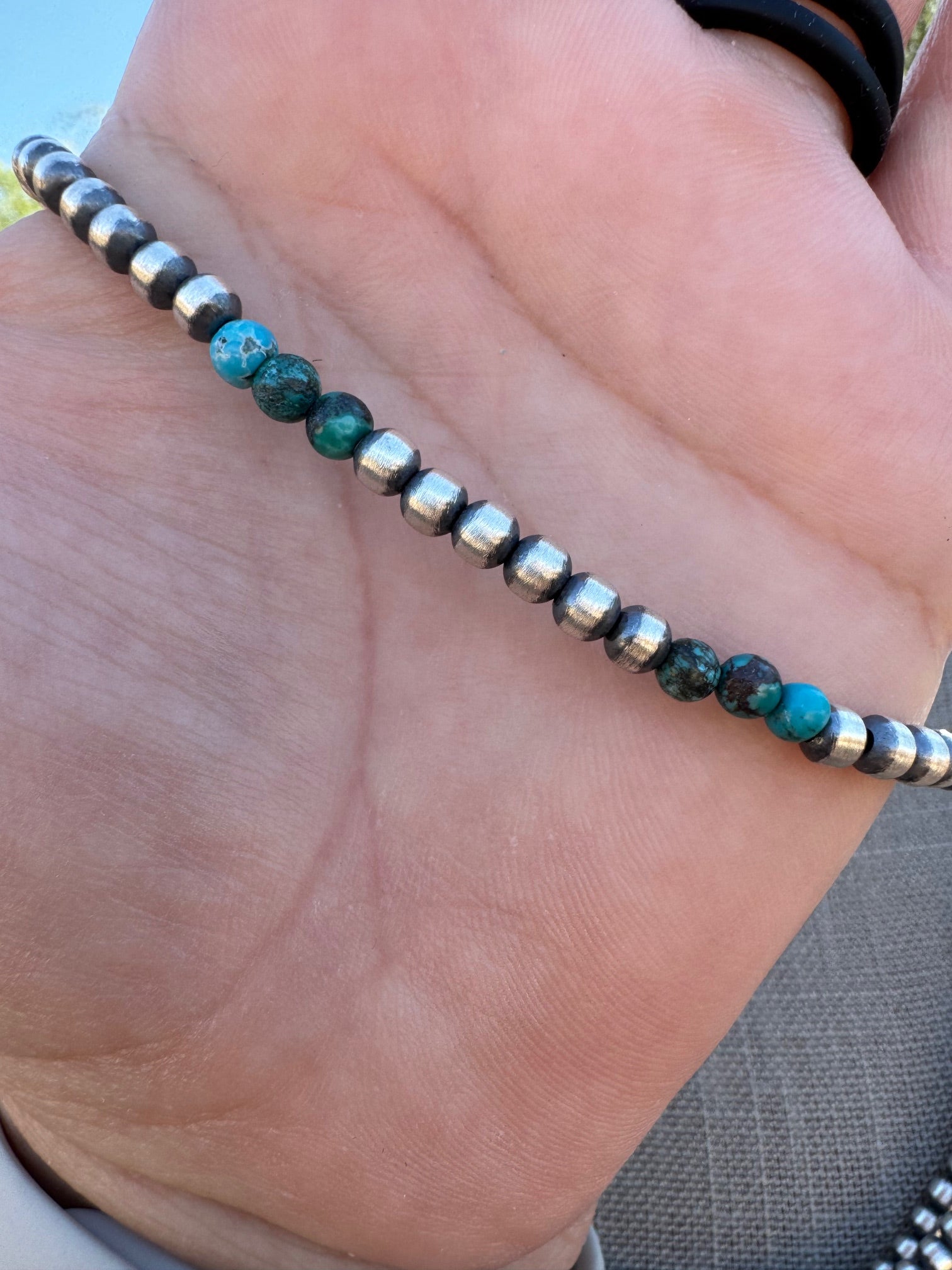 Handcrafted Hubei Turquoise & Sterling Silver Pearl 4mm Beaded Necklace 20"