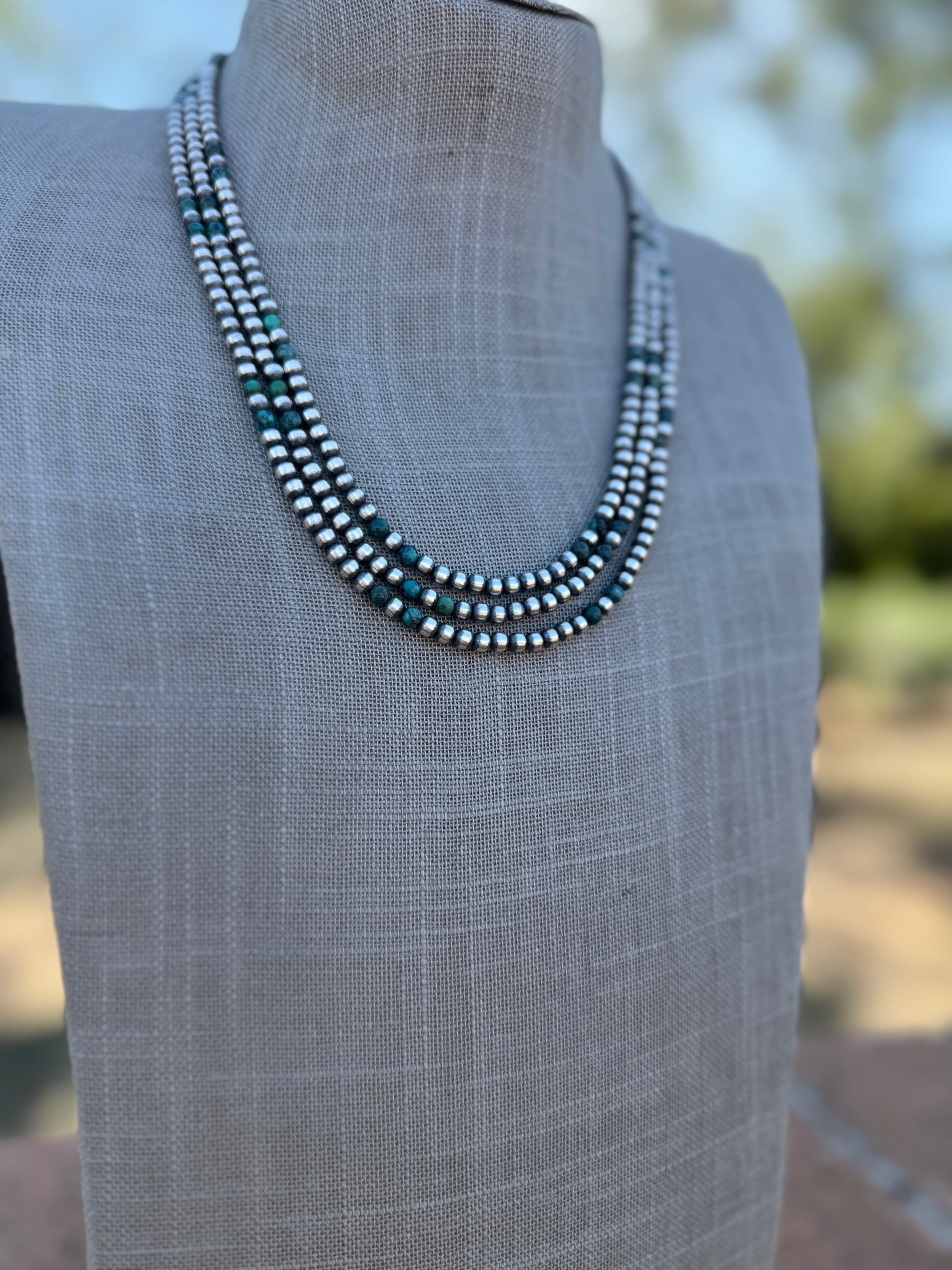 Handcrafted Hubei Turquoise & Sterling Silver Pearl 4mm Beaded Necklace 20"