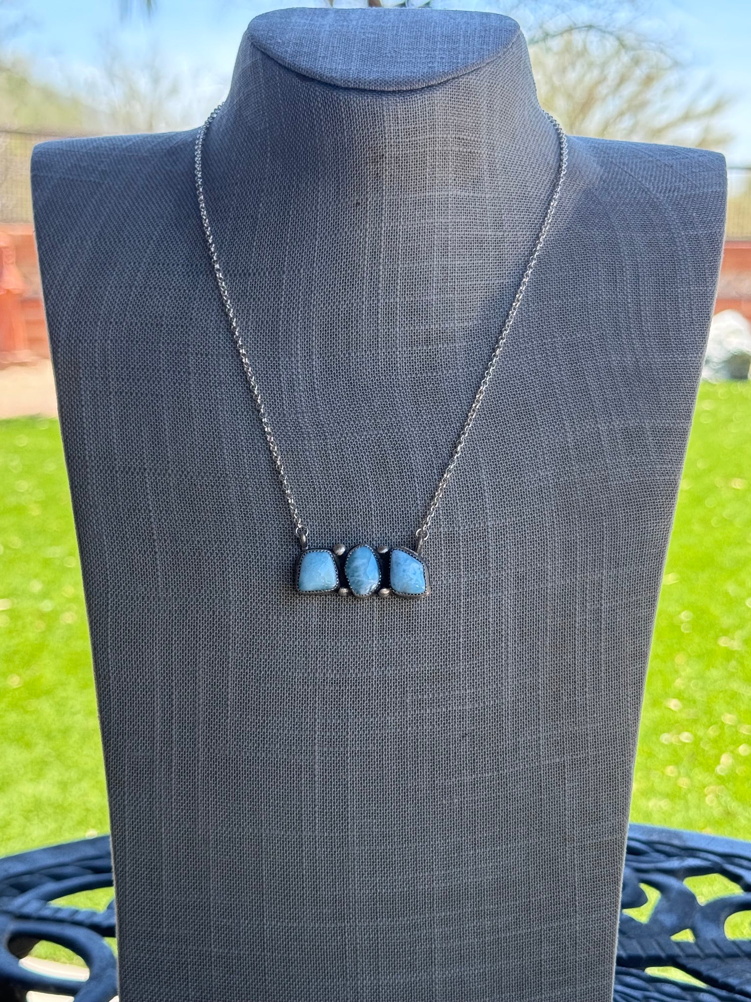 Handmade Sterling Silver Larimar Turquoise Bar 19" Necklace by Roaming Buffalo