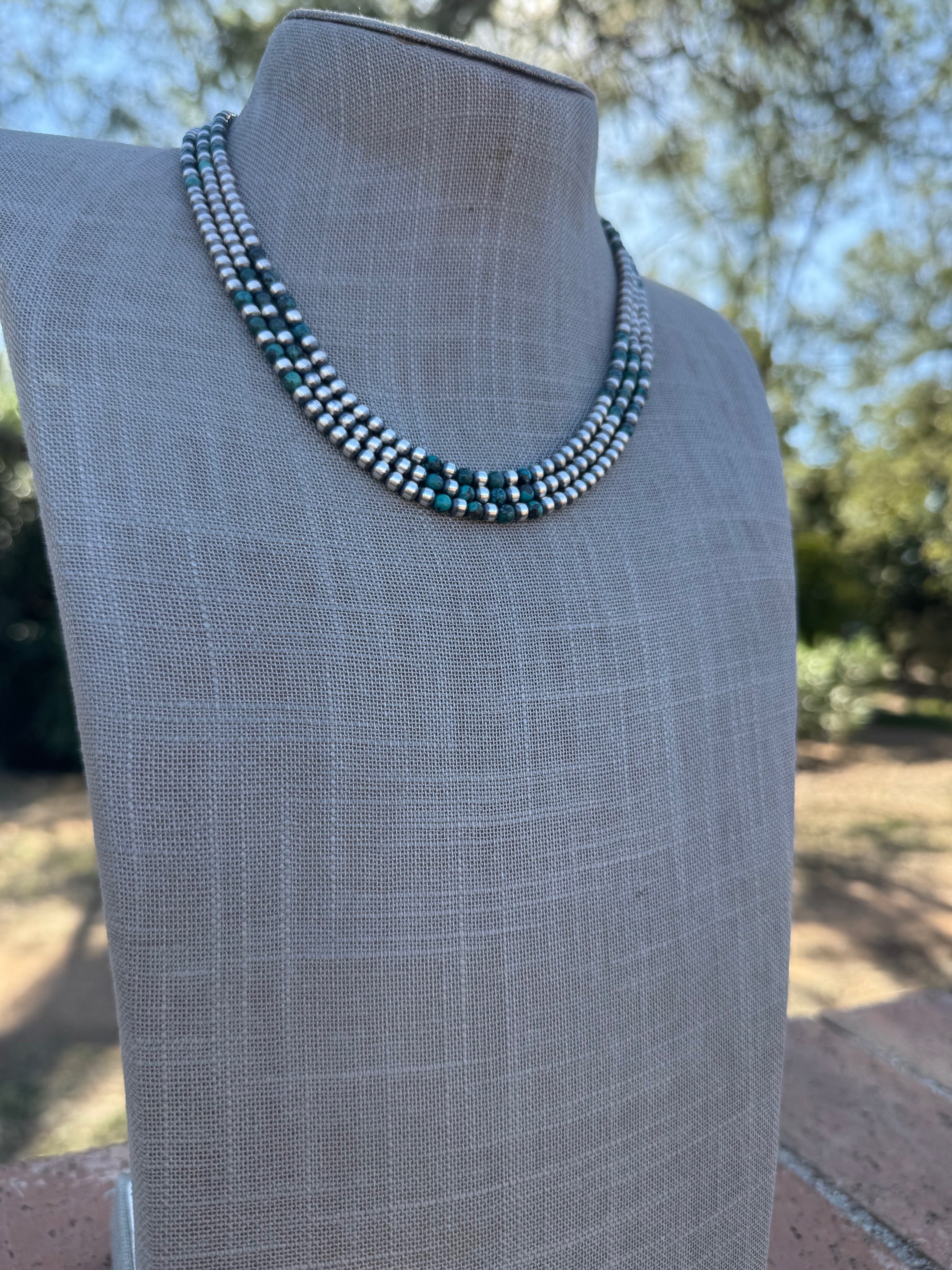 Handcrafted Hubei Turquoise & Sterling Silver Pearl 4mm Beaded Necklace 18"