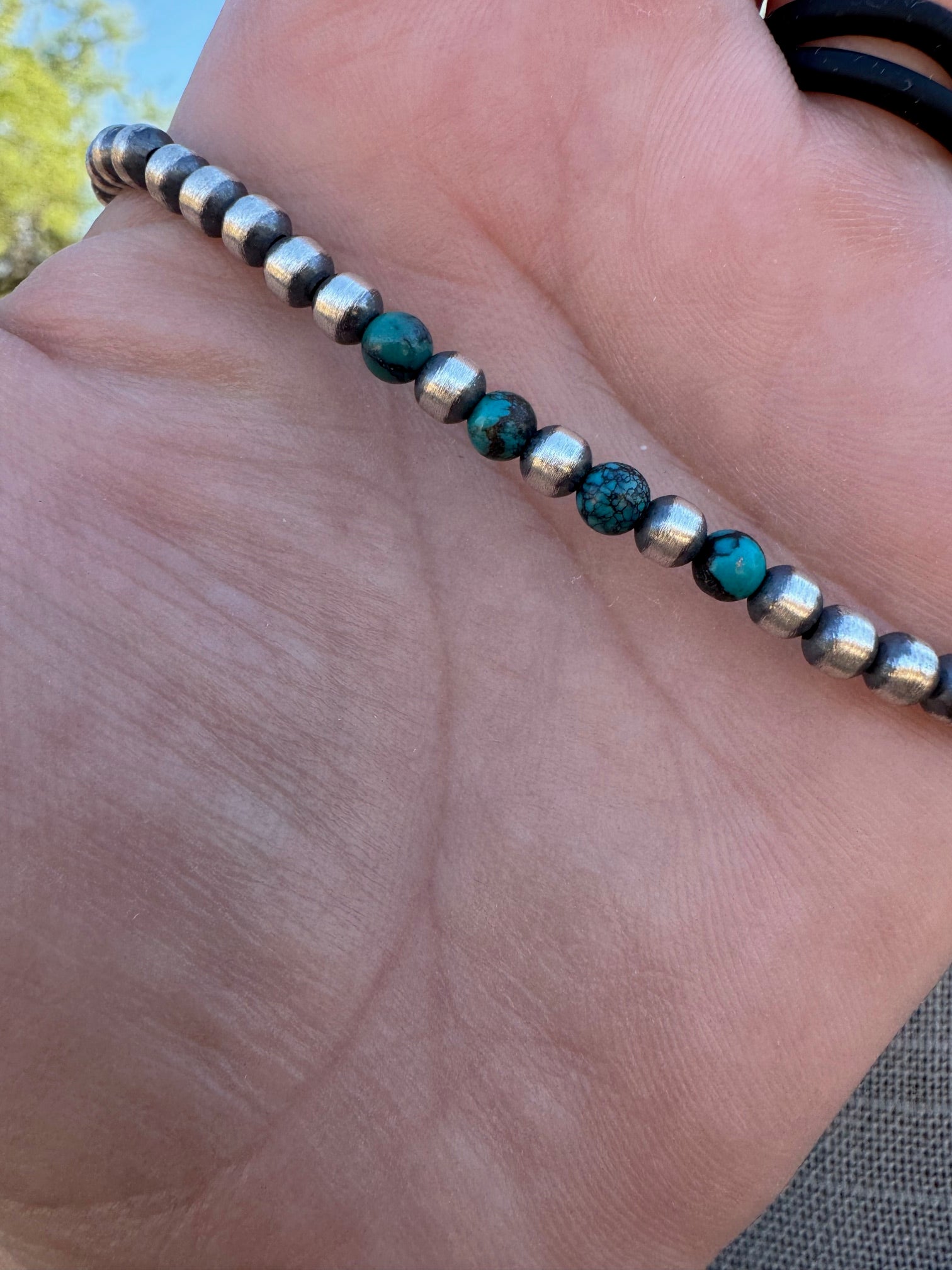 Handcrafted Hubei Turquoise & Sterling Silver Pearl 4mm Beaded Necklace 18"