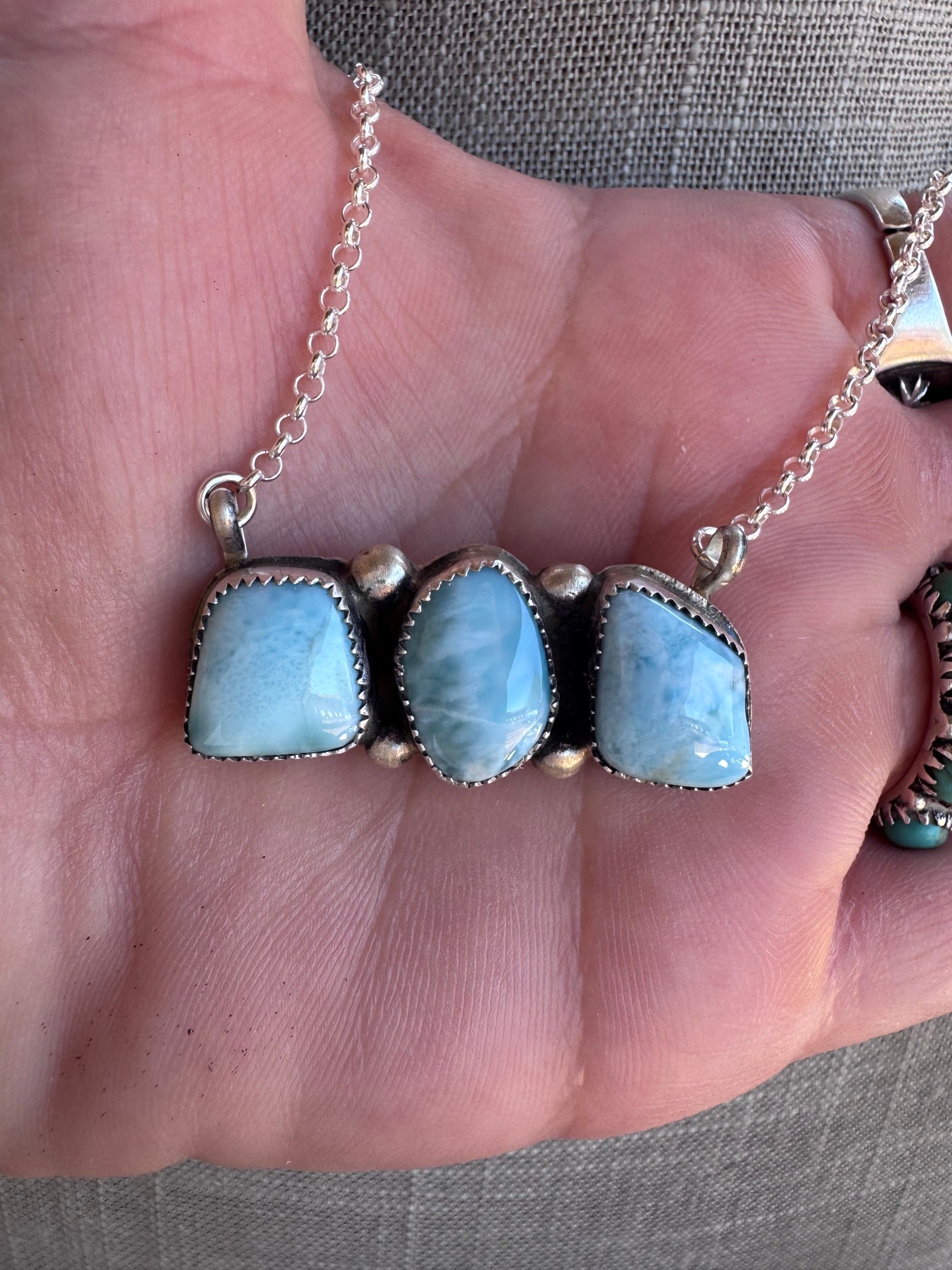 Handmade Sterling Silver Larimar Turquoise Bar 19" Necklace by Roaming Buffalo
