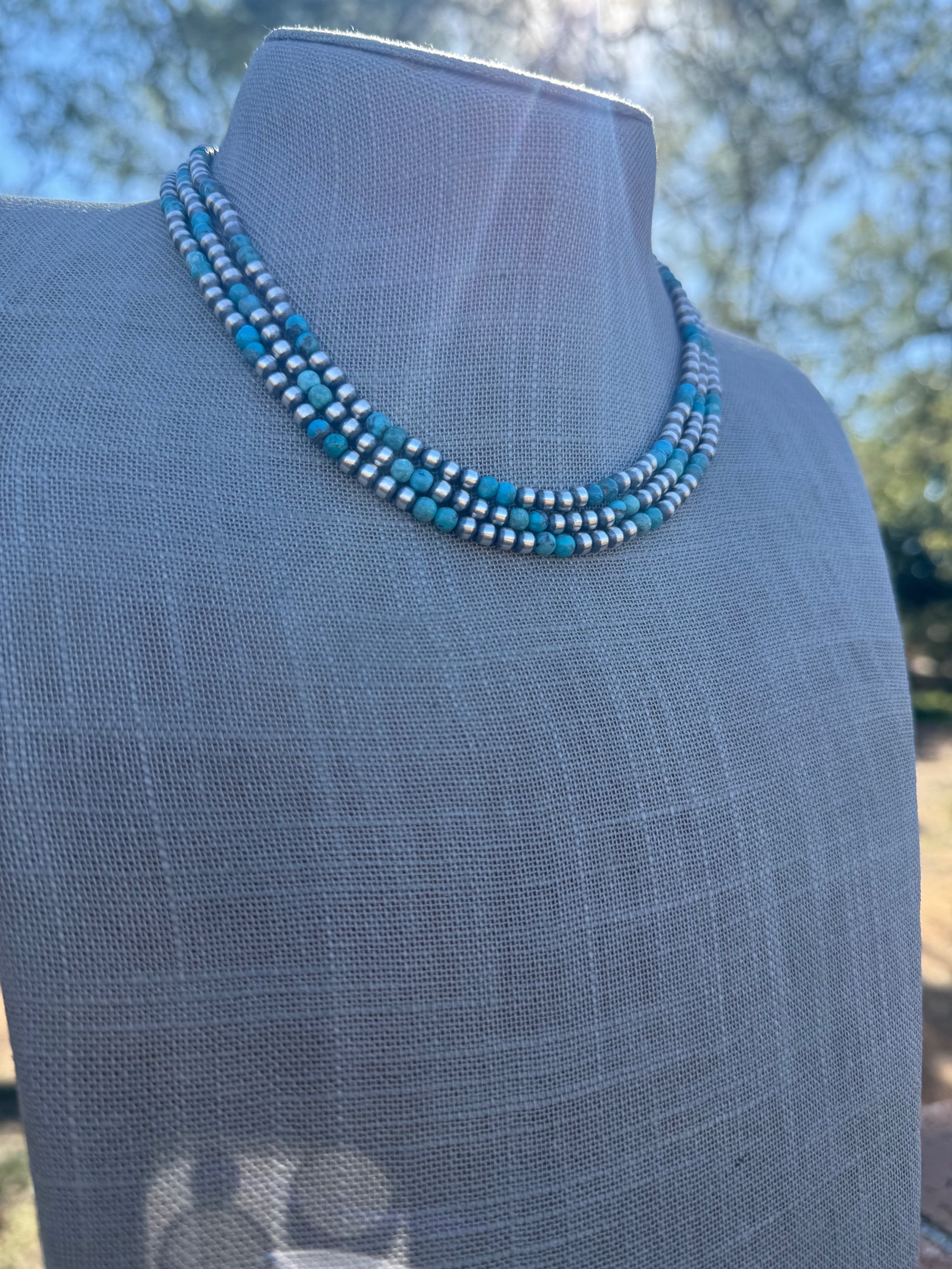 Handcrafted Turquoise & Sterling Silver Pearl 4mm Beaded Necklace 16"