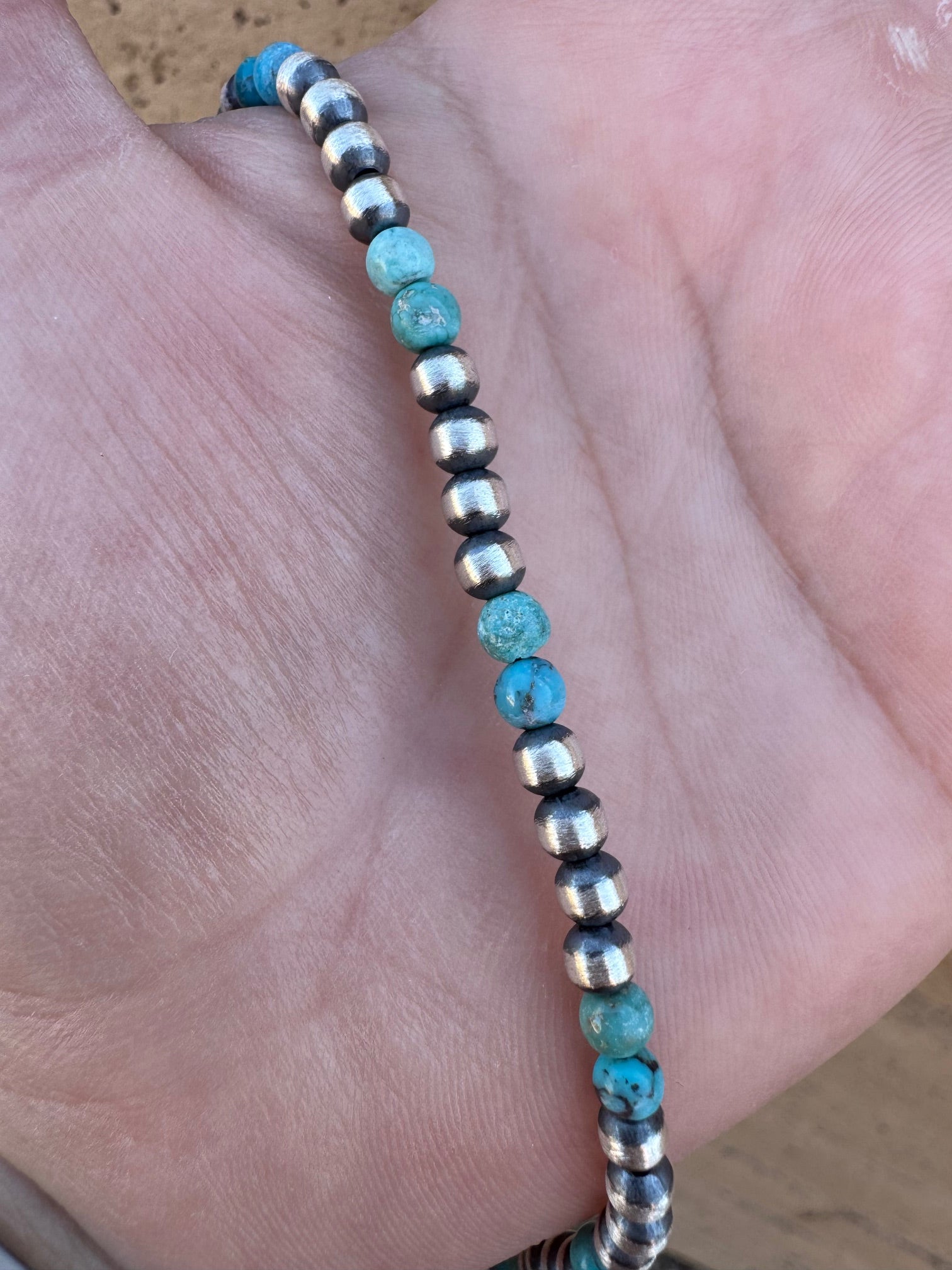 Handcrafted Turquoise & Sterling Silver Pearl 4mm Beaded Necklace 16"