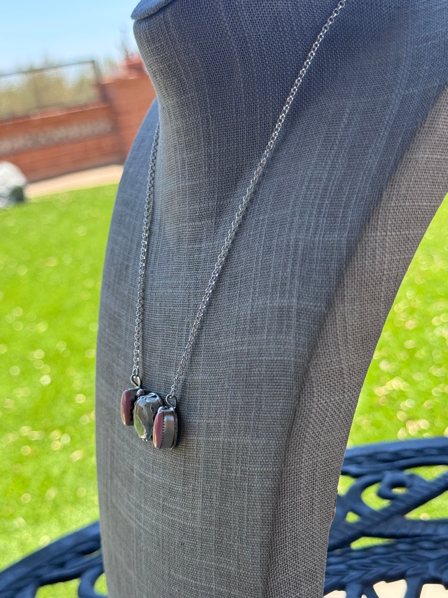 Handmade Sterling Silver Confetti Chrysocolla & Pink Conch Bar 19.5" Necklace by Roaming Buffalo
