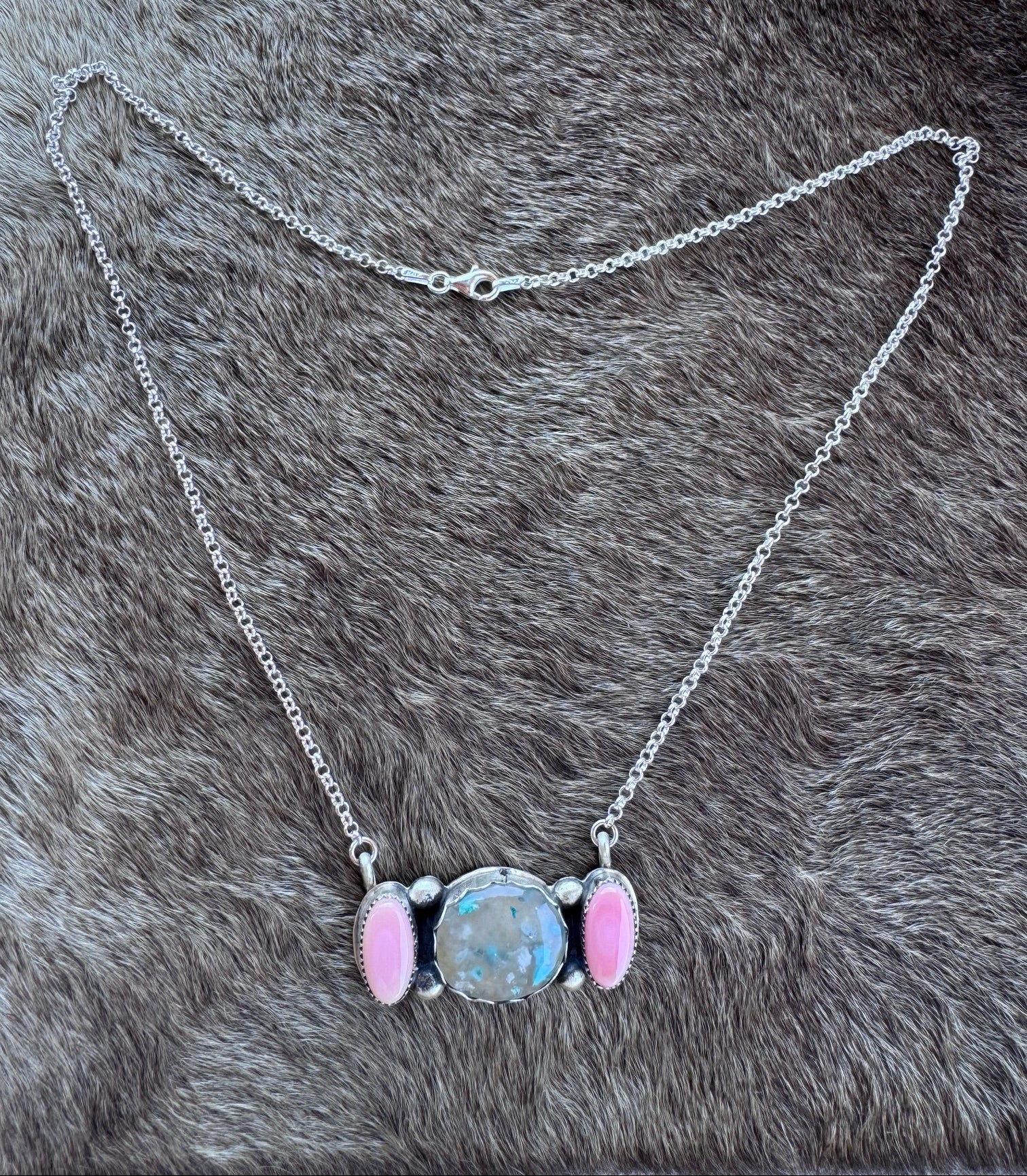 Handmade Sterling Silver Confetti Chrysocolla & Pink Conch Bar 19.5" Necklace by Roaming Buffalo